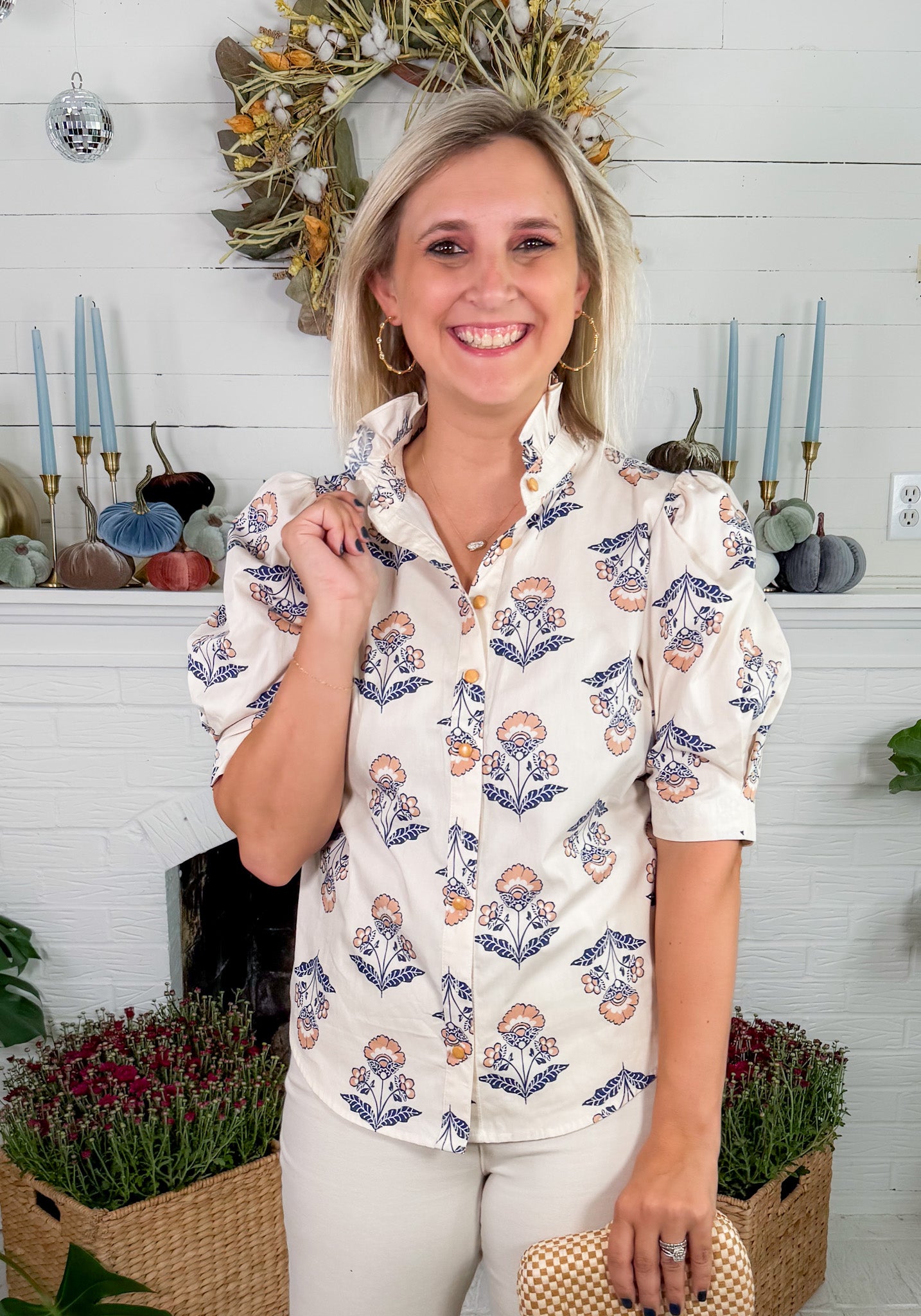 Bridges Vintage Floral Ruffle Neck Top Karlie