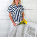 Busby Blue Striped Button Top THML