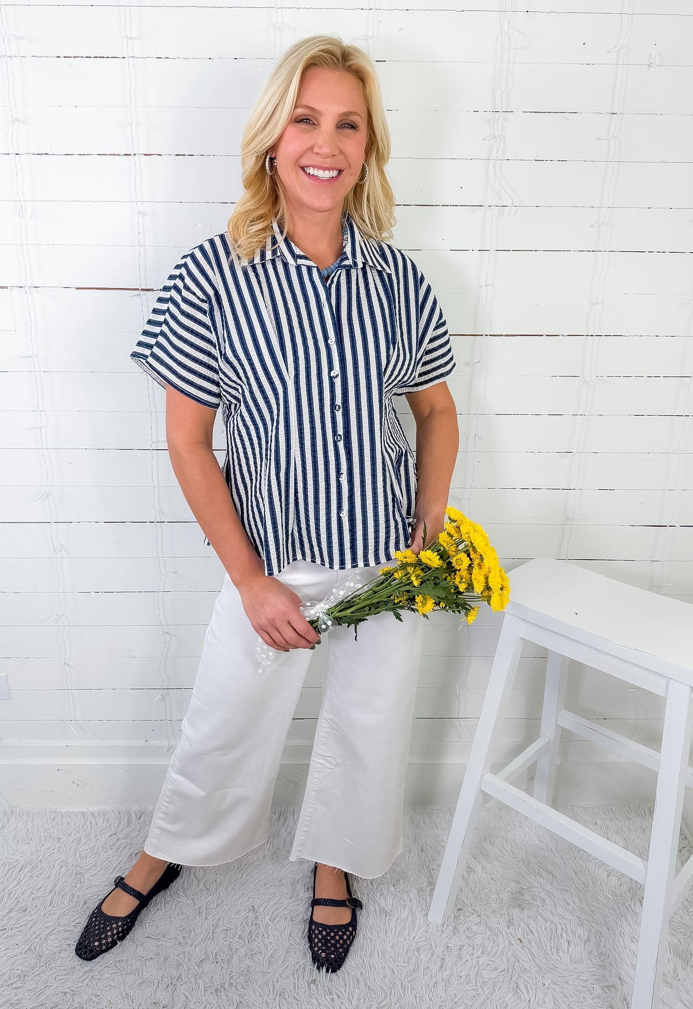 Busby Blue Striped Button Top THML