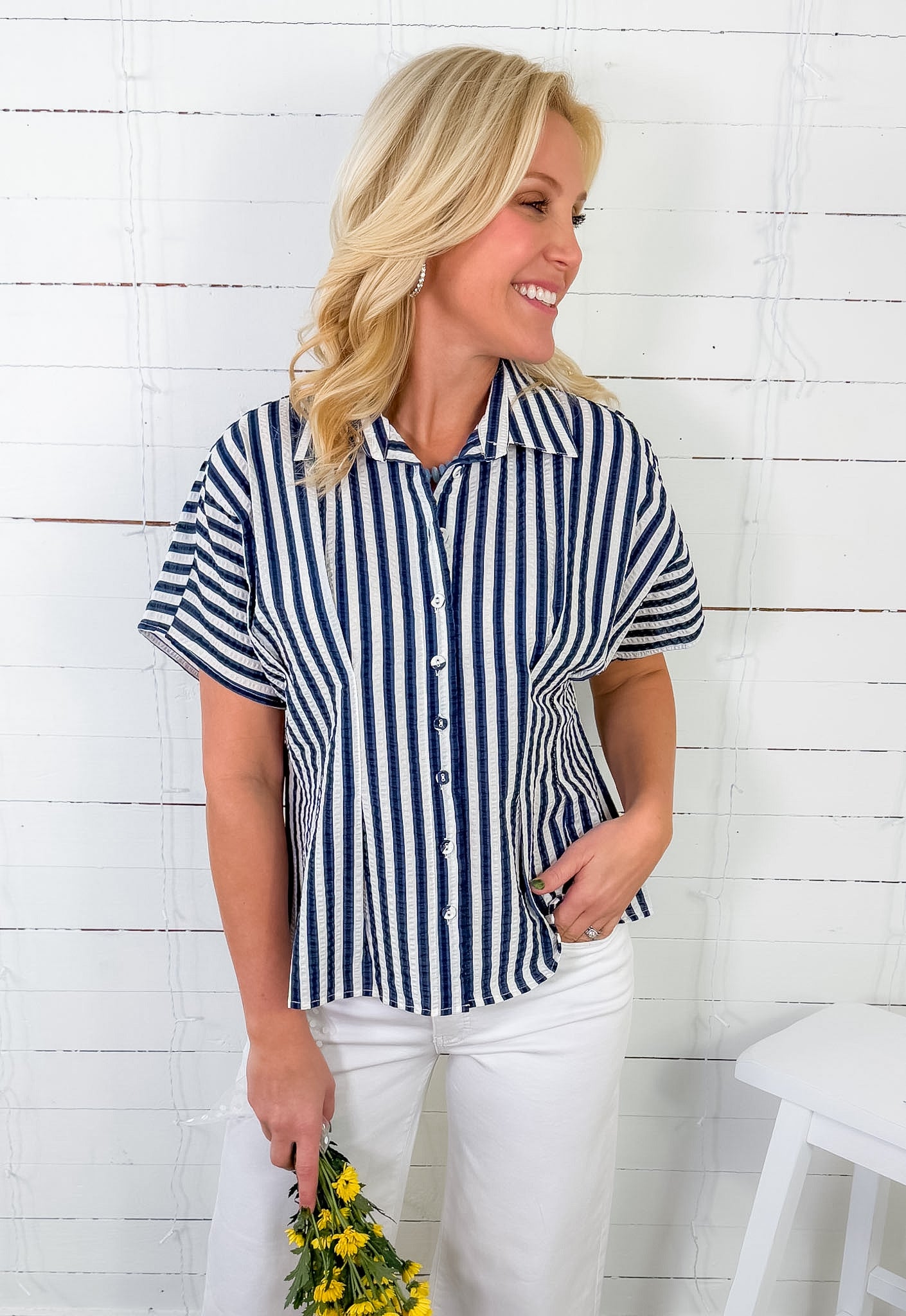 Busby Blue Striped Button Top THML