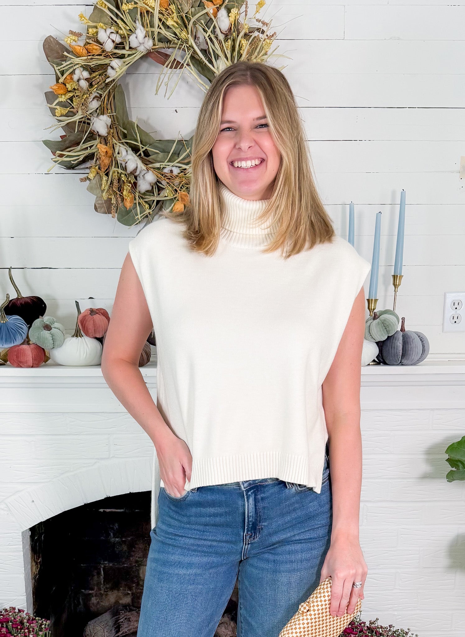Buster Ivory Sleeveless Turtleneck Hi - Lo Sweater Karlie