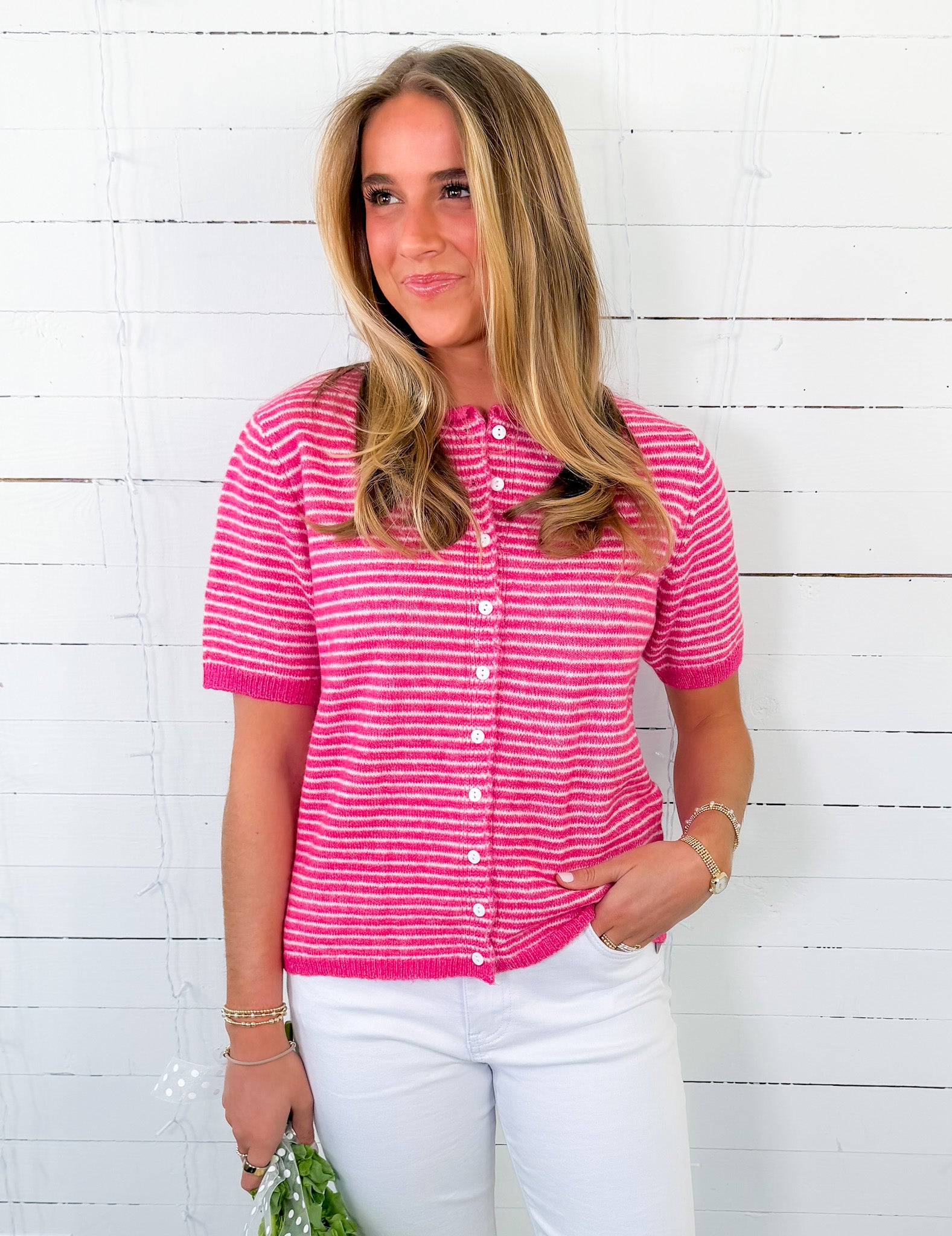 Cahaba Hot Pink Stripe SS Cardigan MIMOSA
