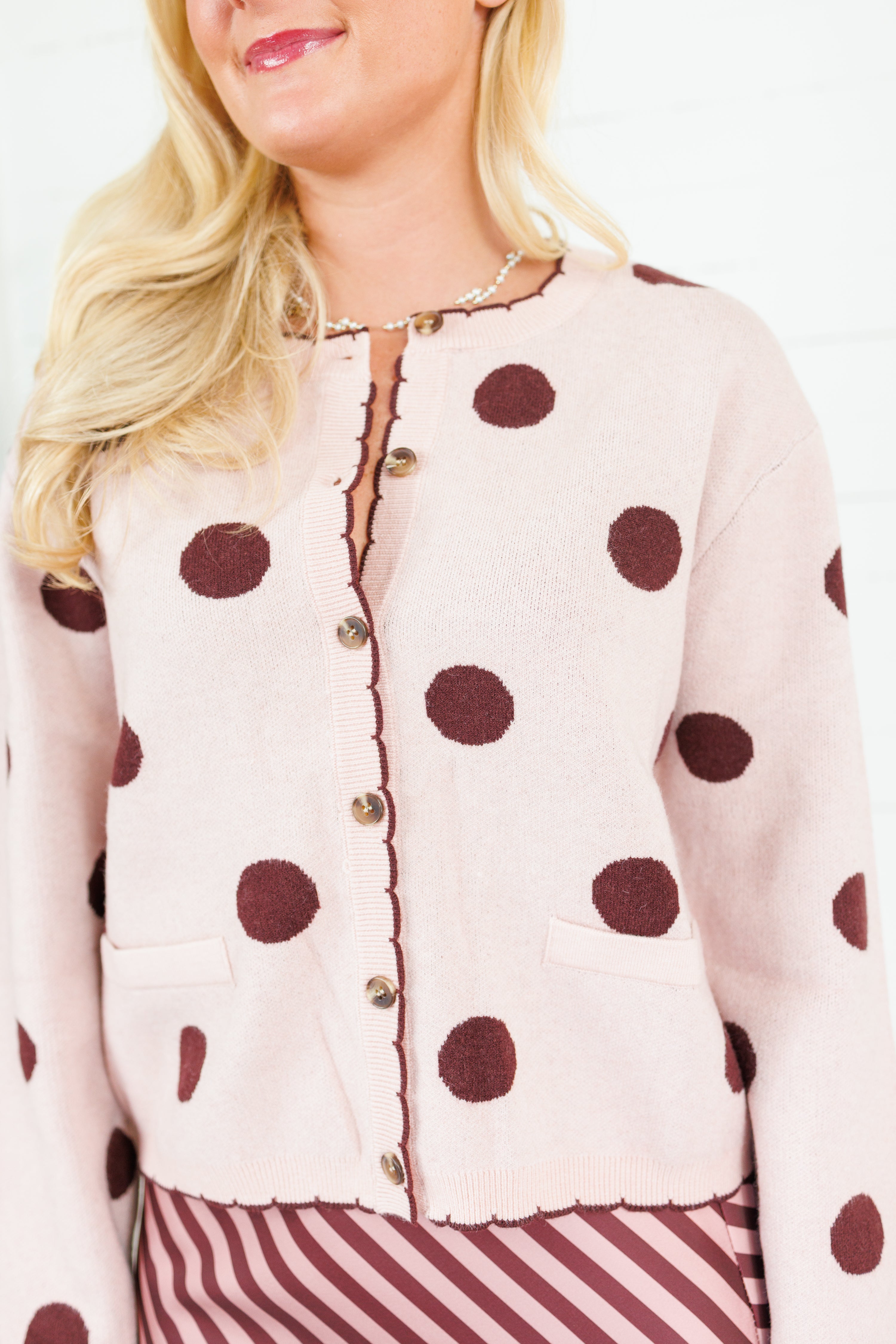 Candice Blush + Burgundy Dotty Cardigan Polagram