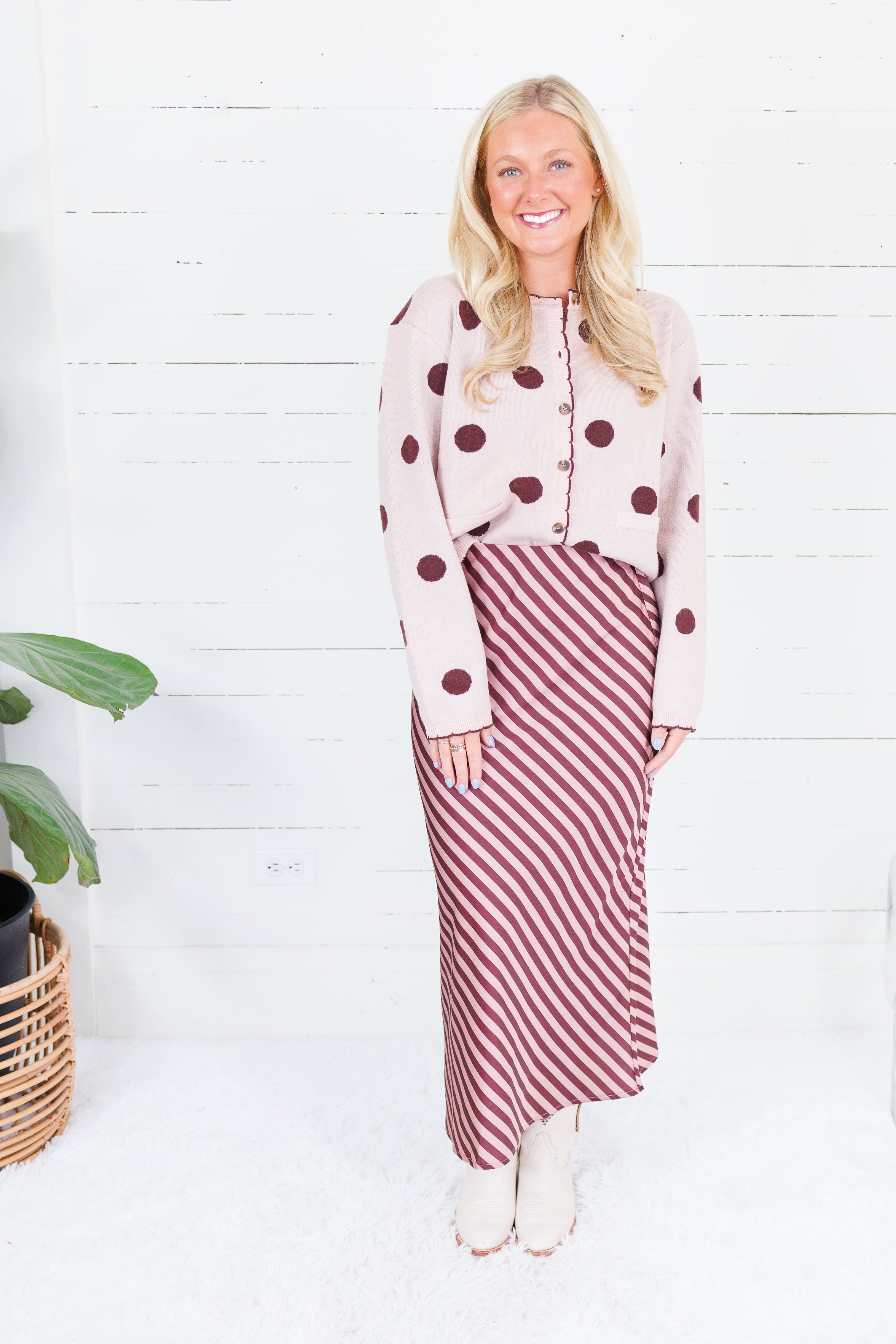 Candice Blush + Burgundy Dotty Cardigan Polagram