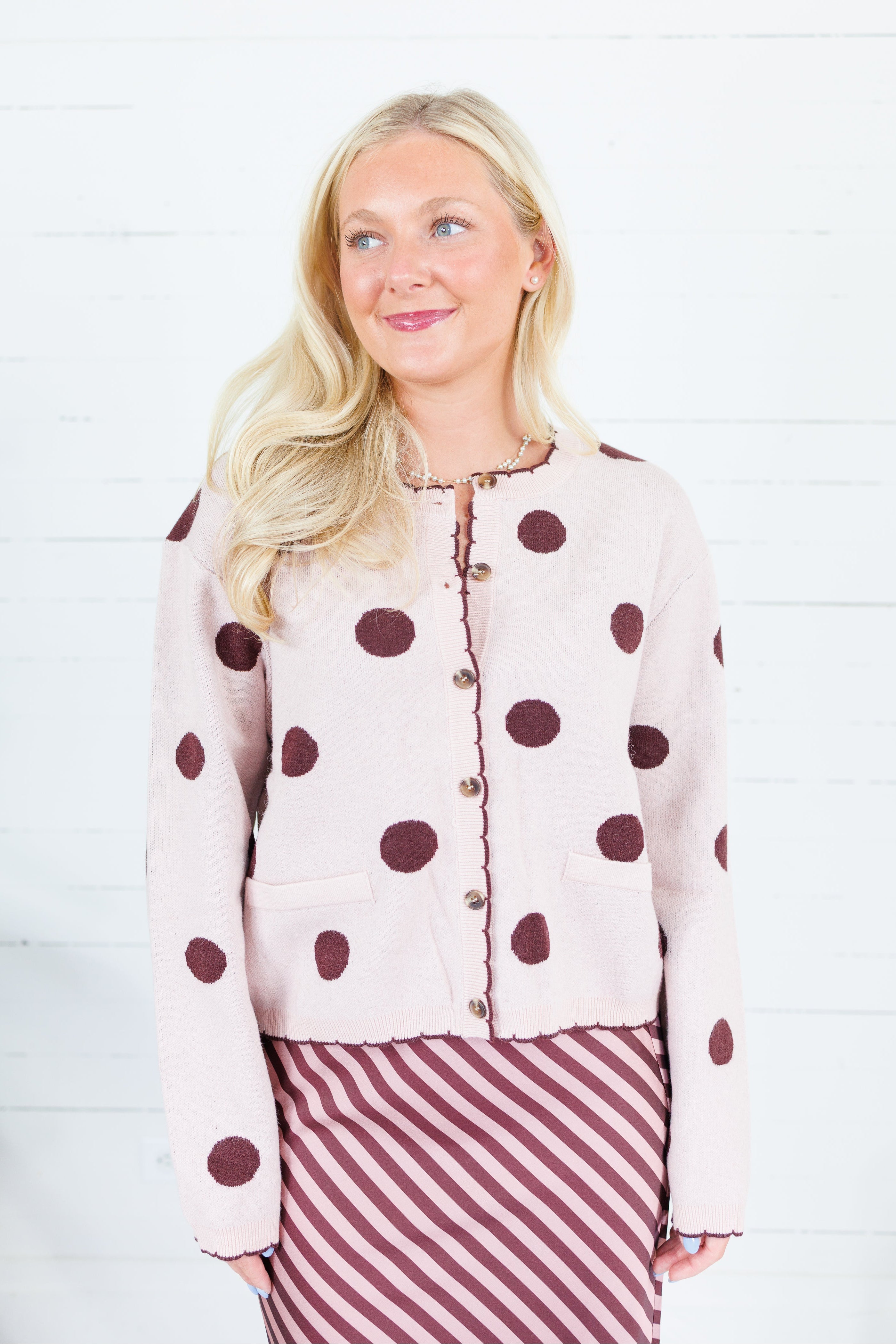Candice Blush + Burgundy Dotty Cardigan Polagram