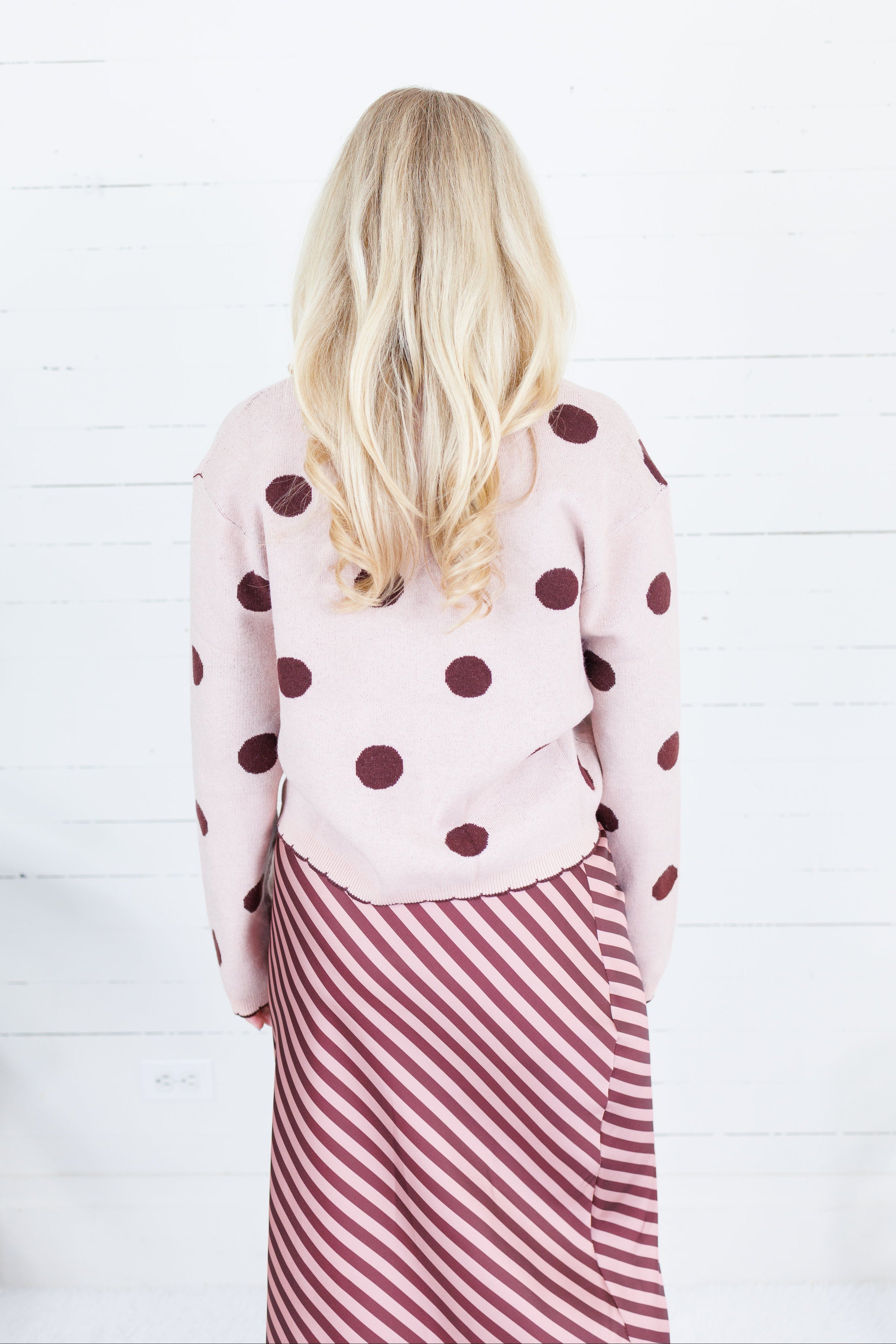 Candice Blush + Burgundy Dotty Cardigan Polagram