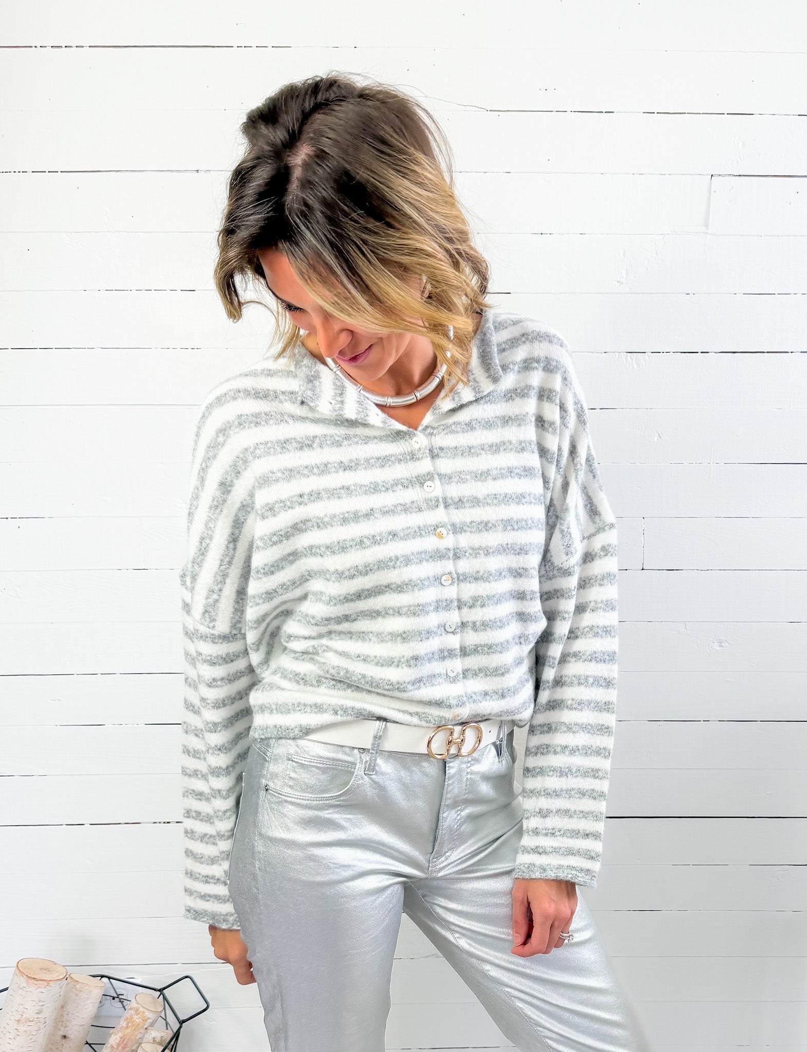 Candy Grey Striped Cardigan Sweater Things Between