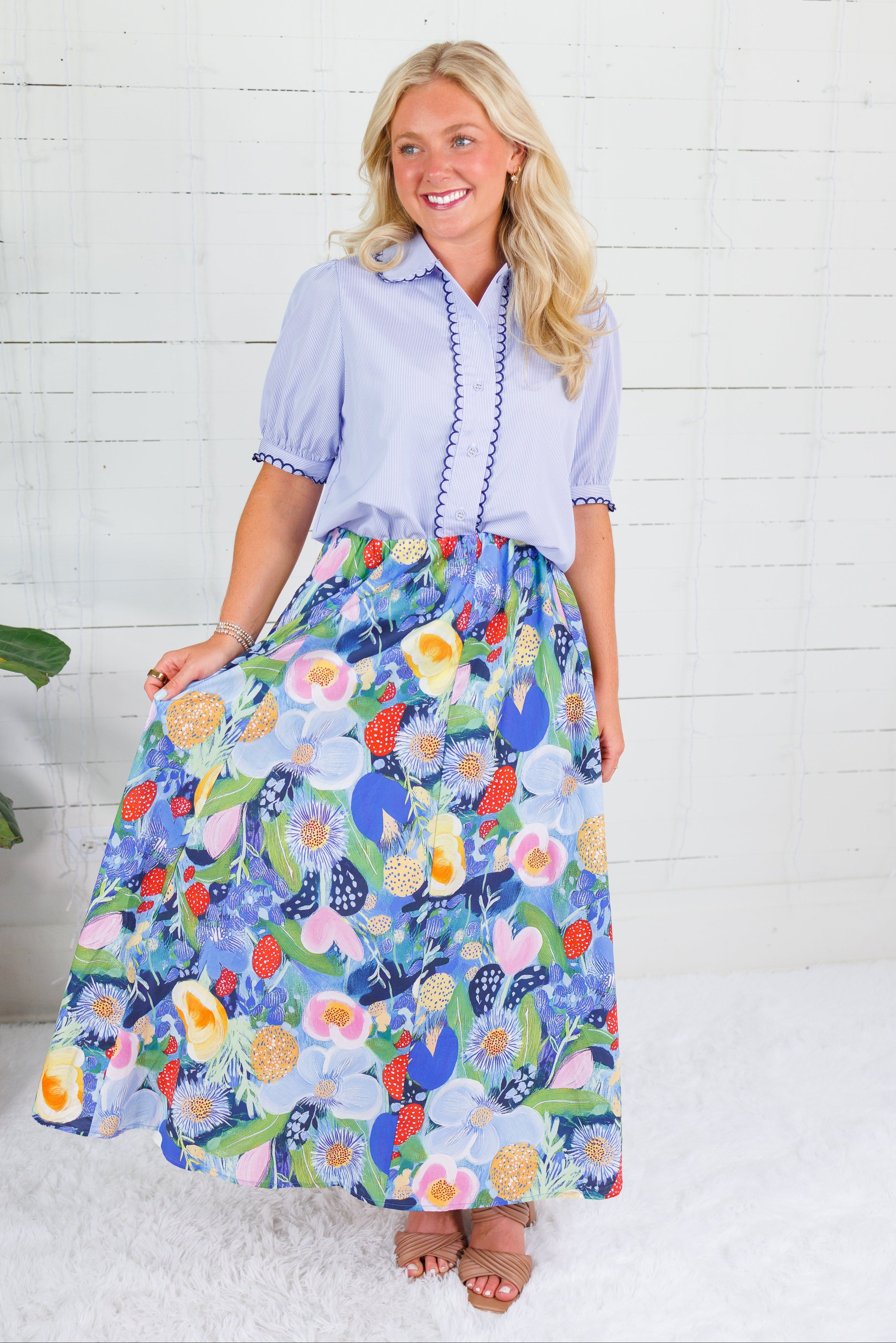Capote Blue Pinstripe Scallop Edge Top Bon
