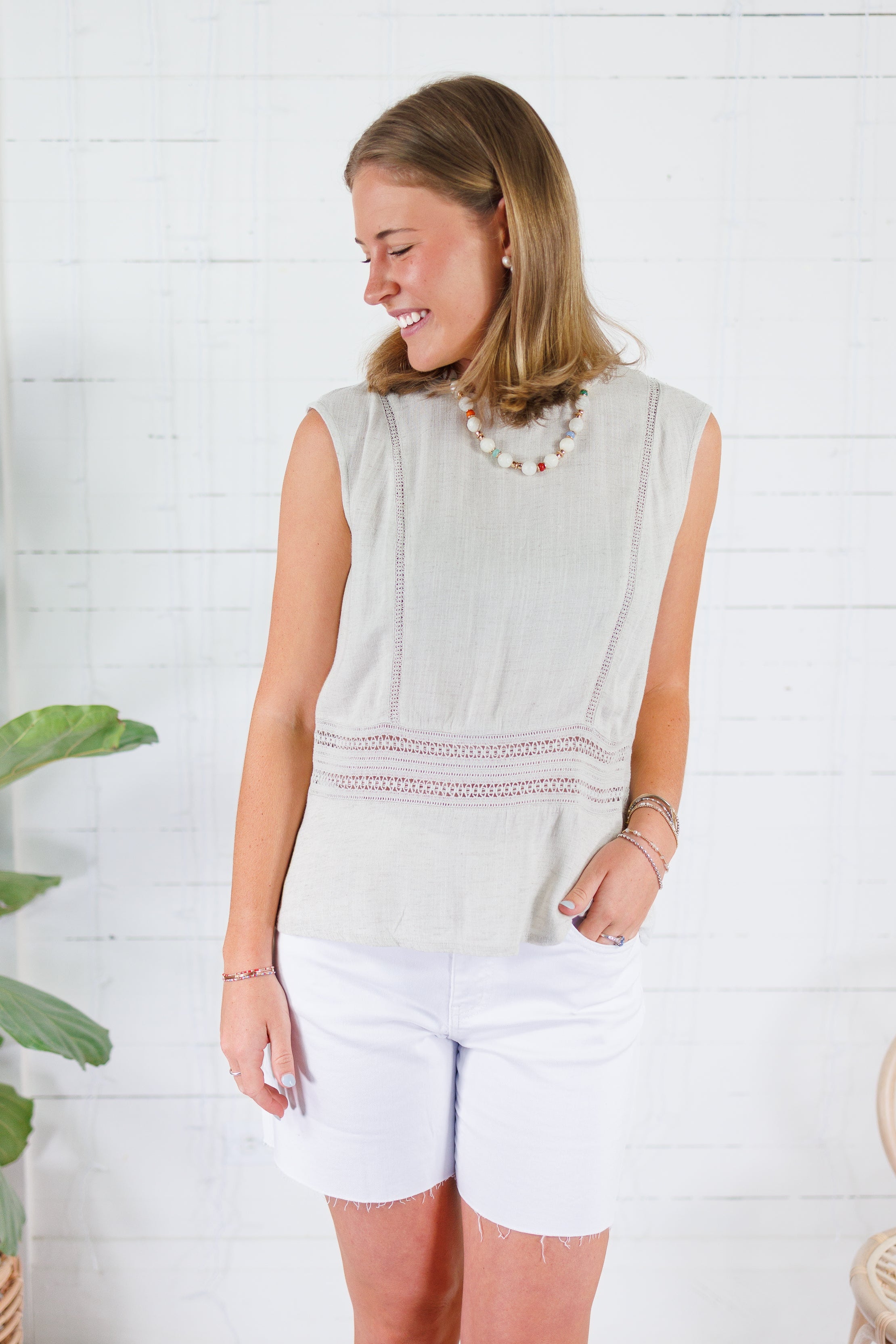 Carly Natural Linen Crochet Lattice Top KUT