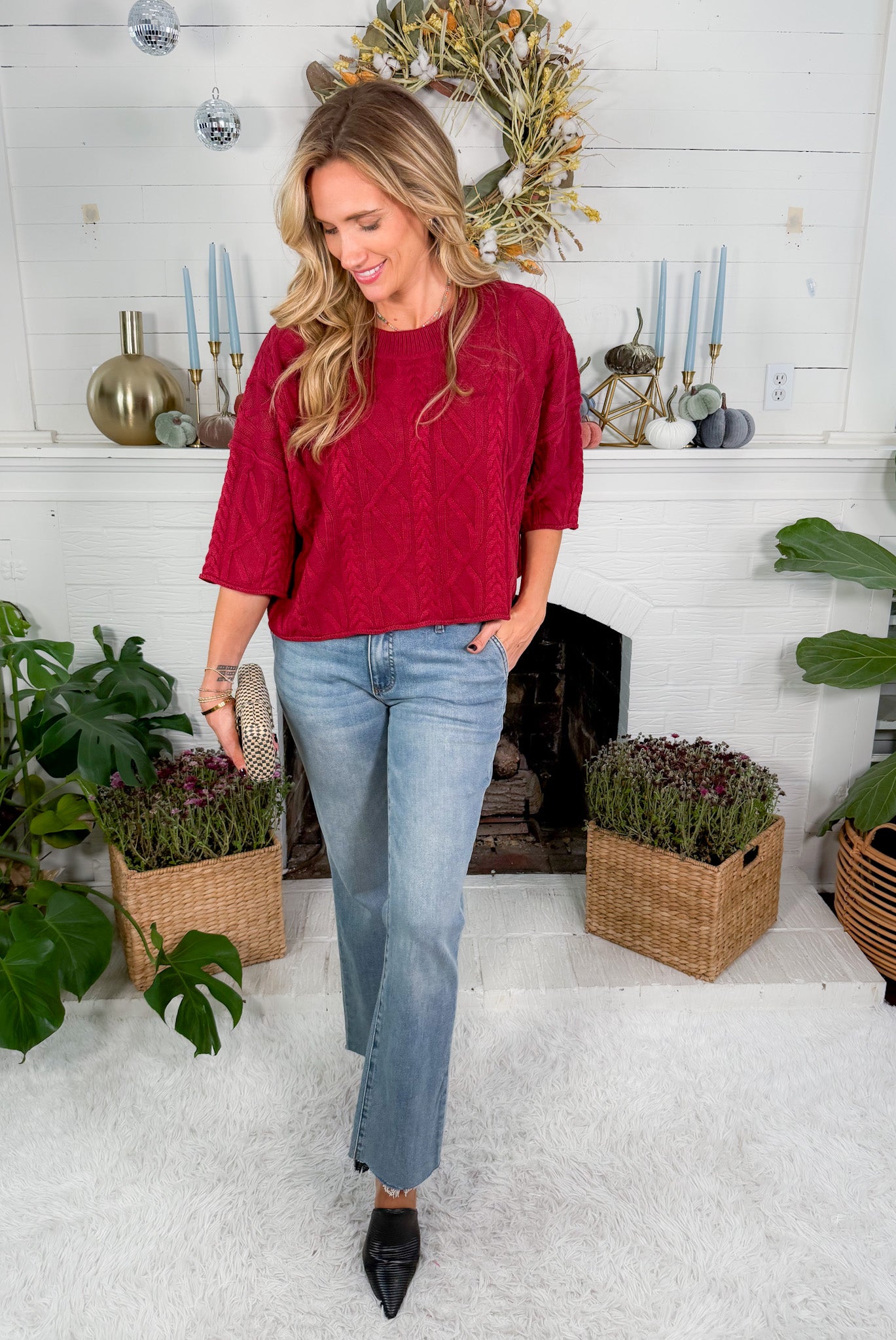 Carmen Burgundy Cable Knit Cropped Sweater Entro