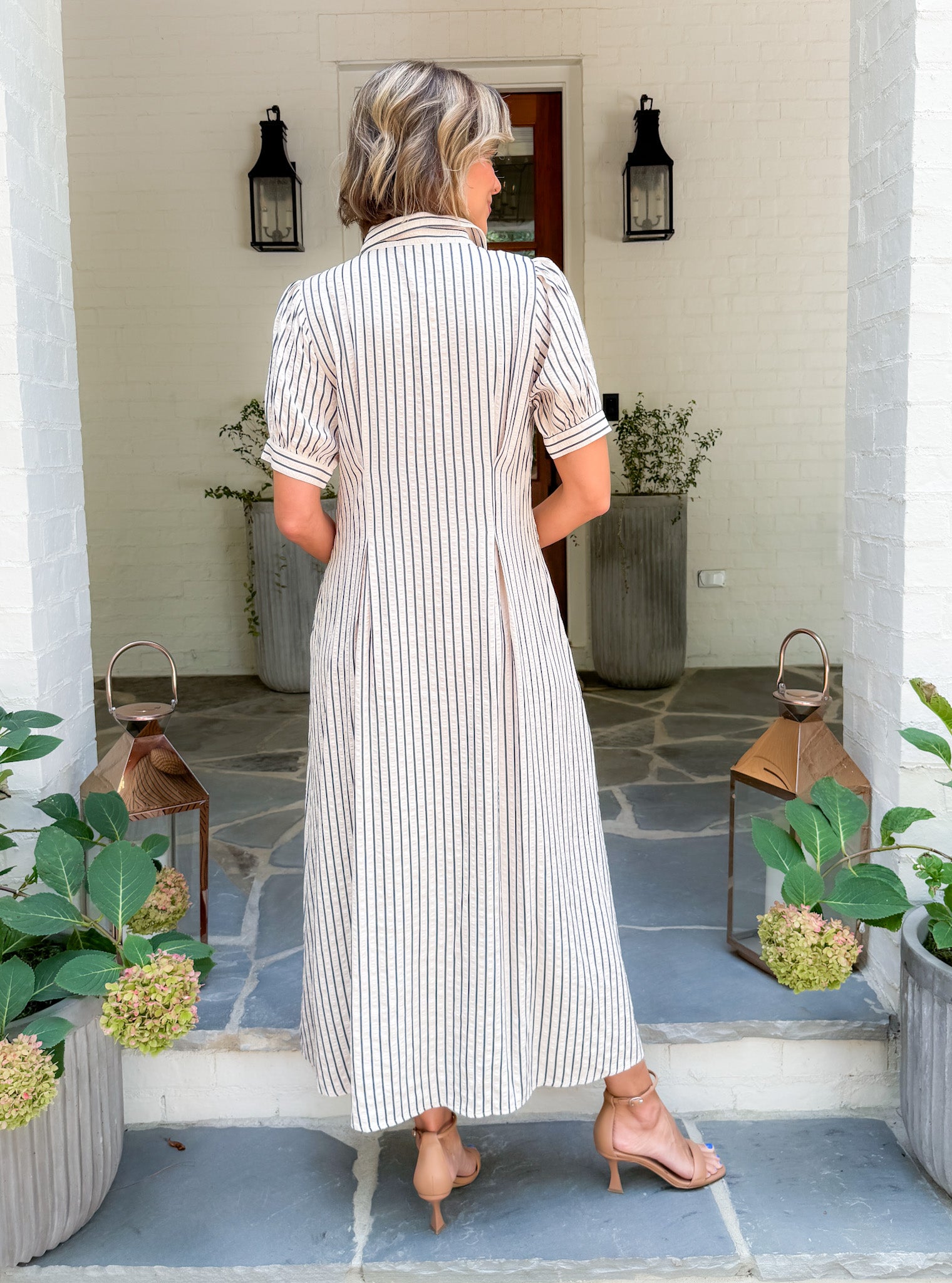 Carmine Natural Striped Pin Tuck Waist Maxi Dress