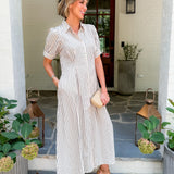 Carmine Natural Striped Pin Tuck Waist Maxi Dress