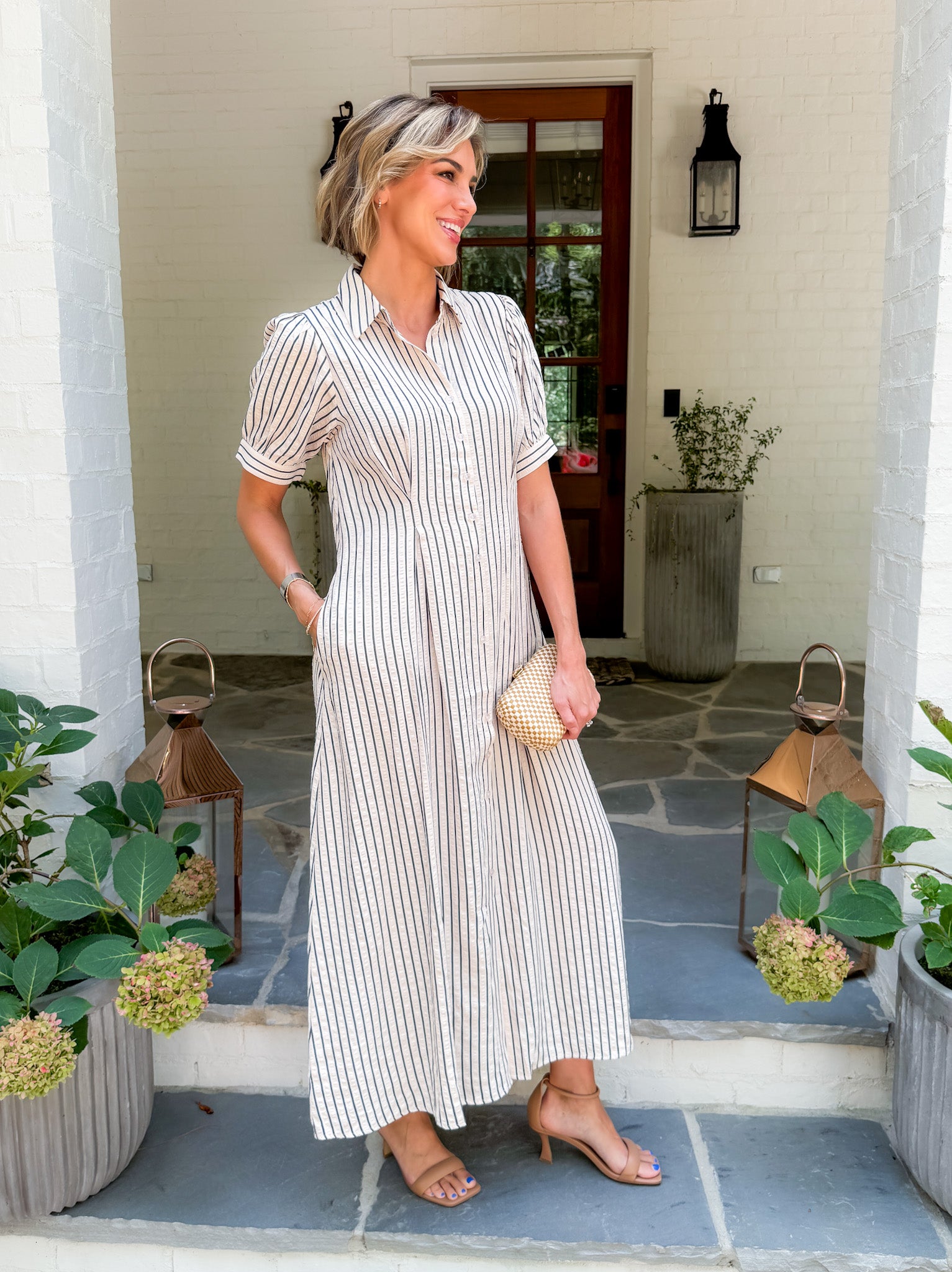 Carmine Natural Striped Pin Tuck Waist Maxi Dress