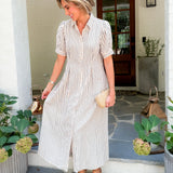 Carmine Natural Striped Pin Tuck Waist Maxi Dress
