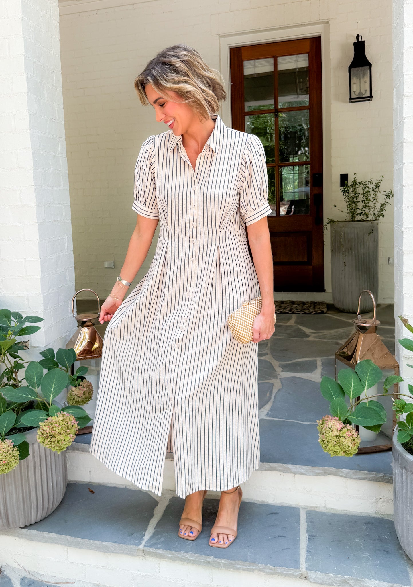 Carmine Natural Striped Pin Tuck Waist Maxi Dress