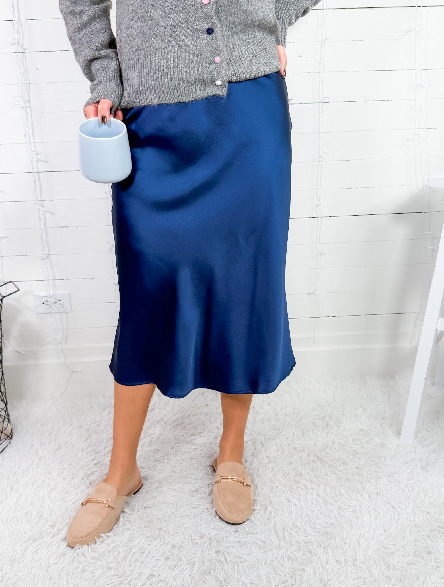 Carnation Navy Satin Maxi Skirt