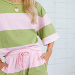 CarolAnn Avocado + Pink Stripe Drawstring Shorts Polagram