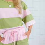 CarolAnn Avocado + Pink Stripe Drawstring Shorts Polagram
