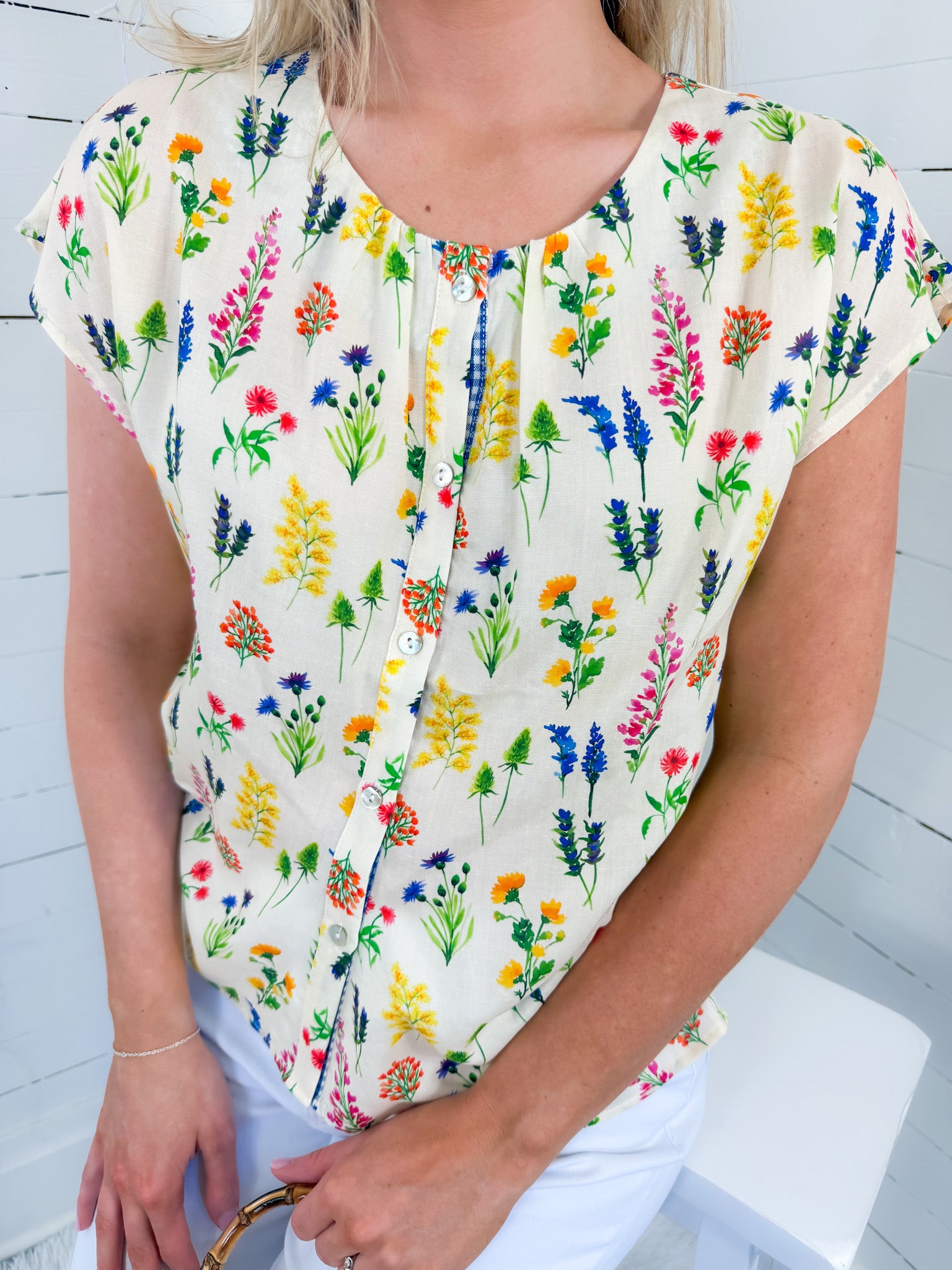 Carolina Cream Floral Button Top THML