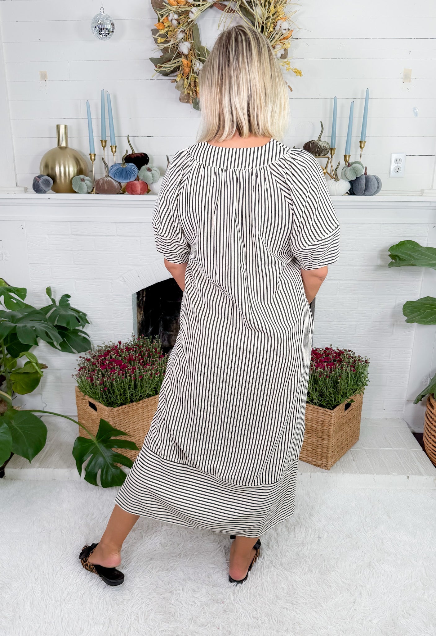 Carson Black Striped V-Neck Maxi Dress Entro
