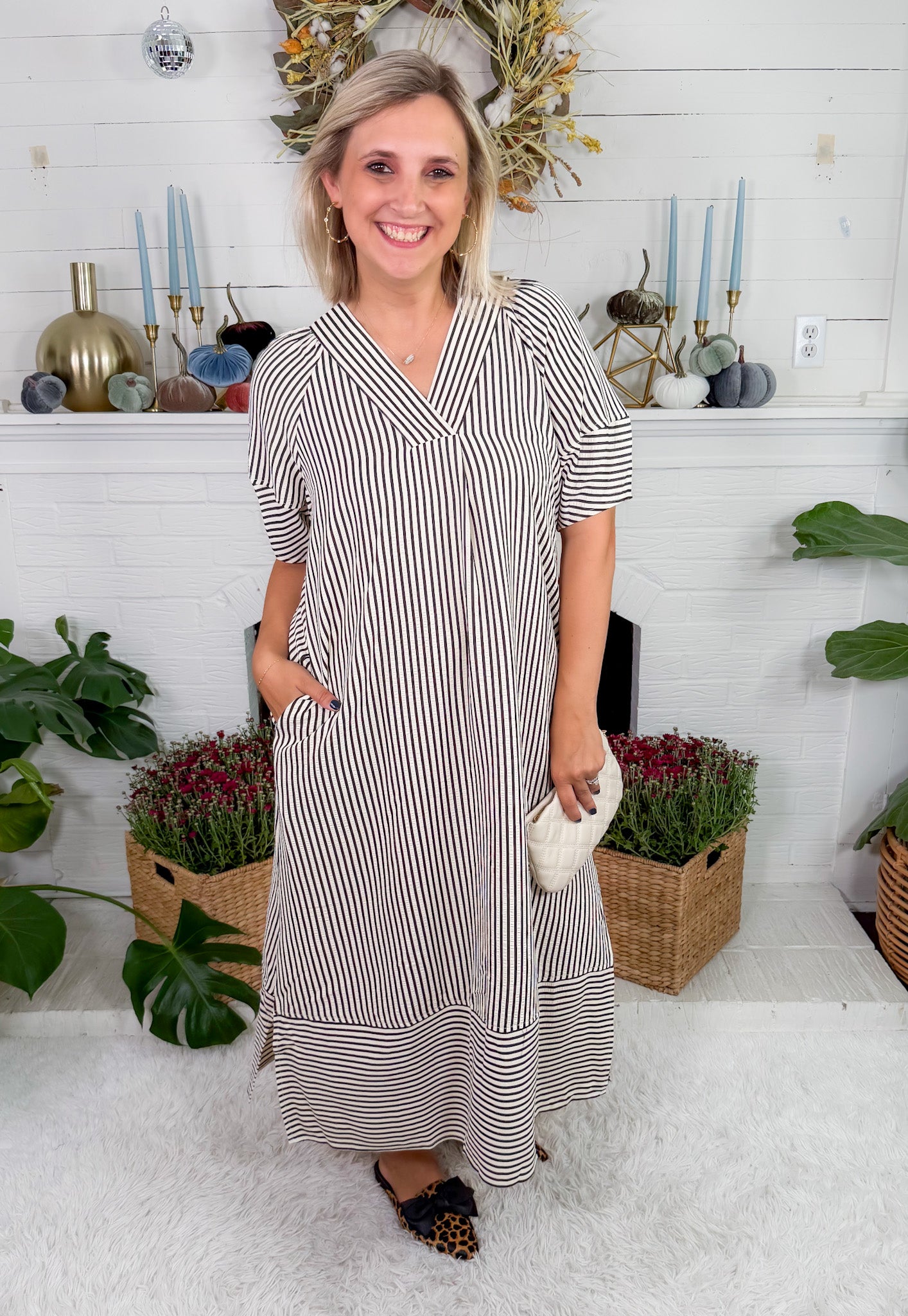Carson Black Striped V-Neck Maxi Dress Entro