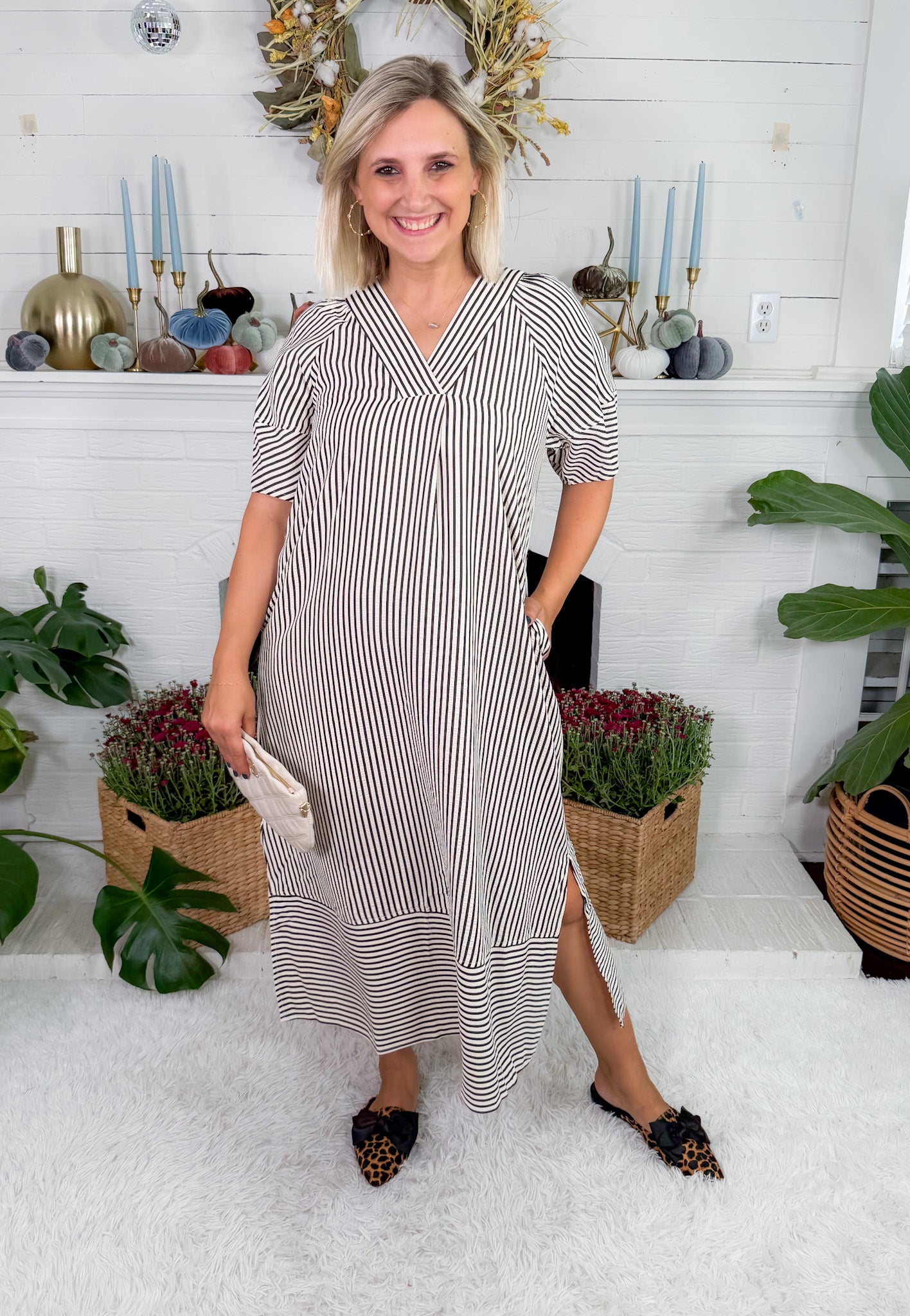 Carson Black Striped V-Neck Maxi Dress Entro