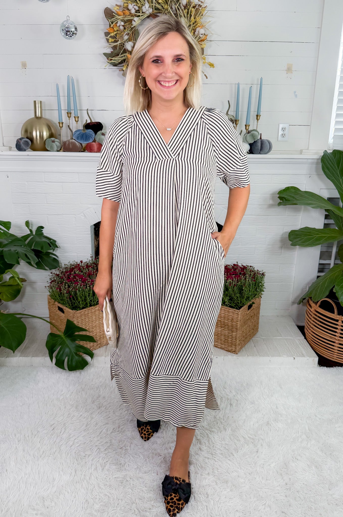 Carson Black Striped V-Neck Maxi Dress Entro