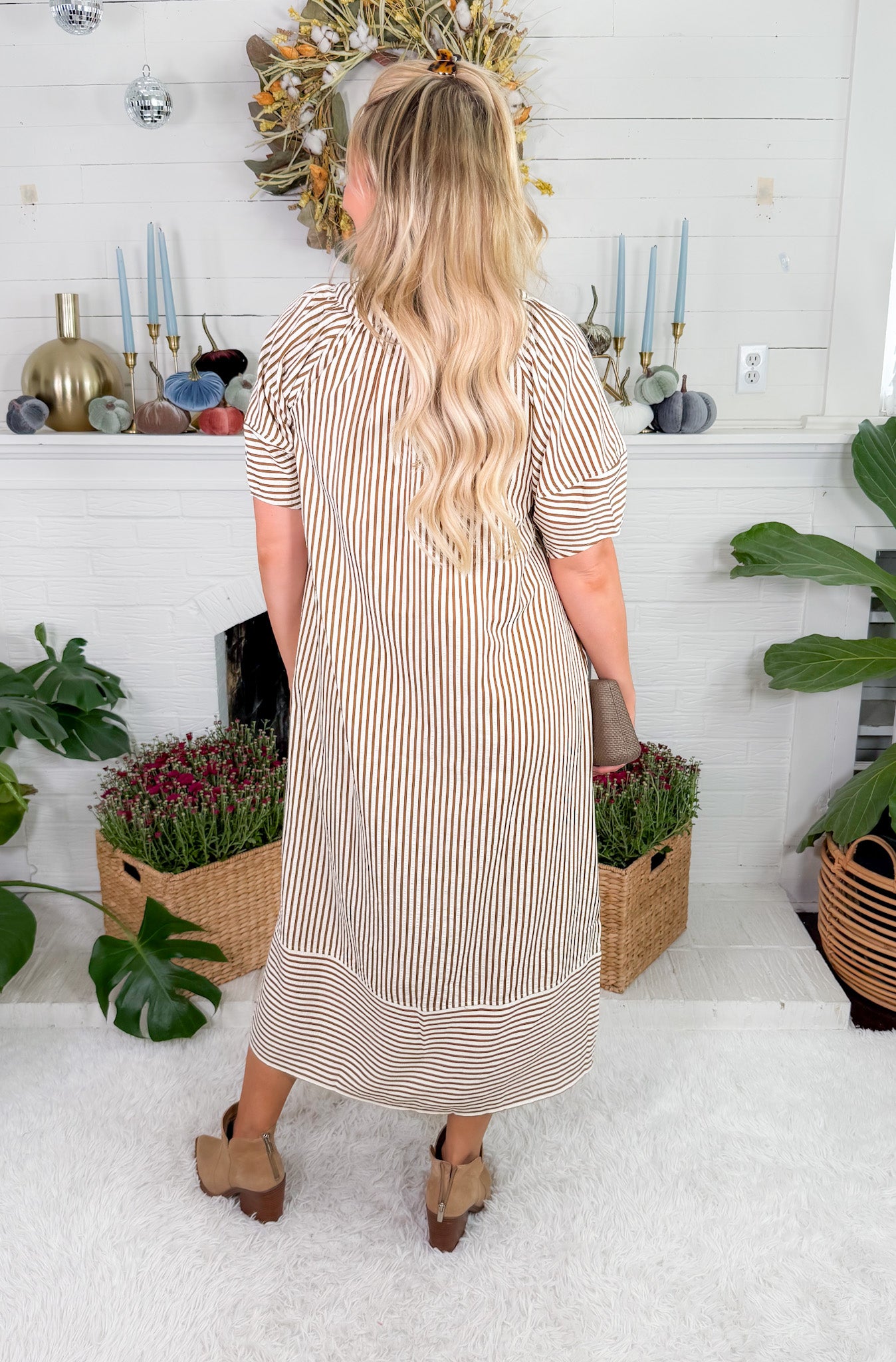 Carson Brown Striped V-Neck Maxi Dress Entro