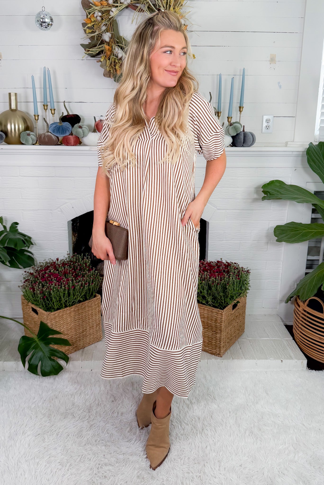 Carson Brown Striped V-Neck Maxi Dress Entro