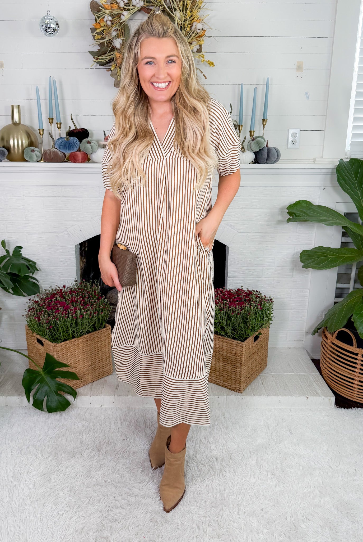 Carson Brown Striped V-Neck Maxi Dress Entro