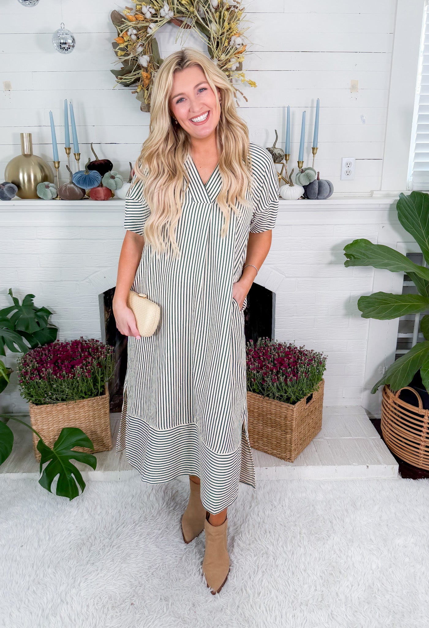 Carson Hunter Green Striped V-Neck Maxi Dress Entro