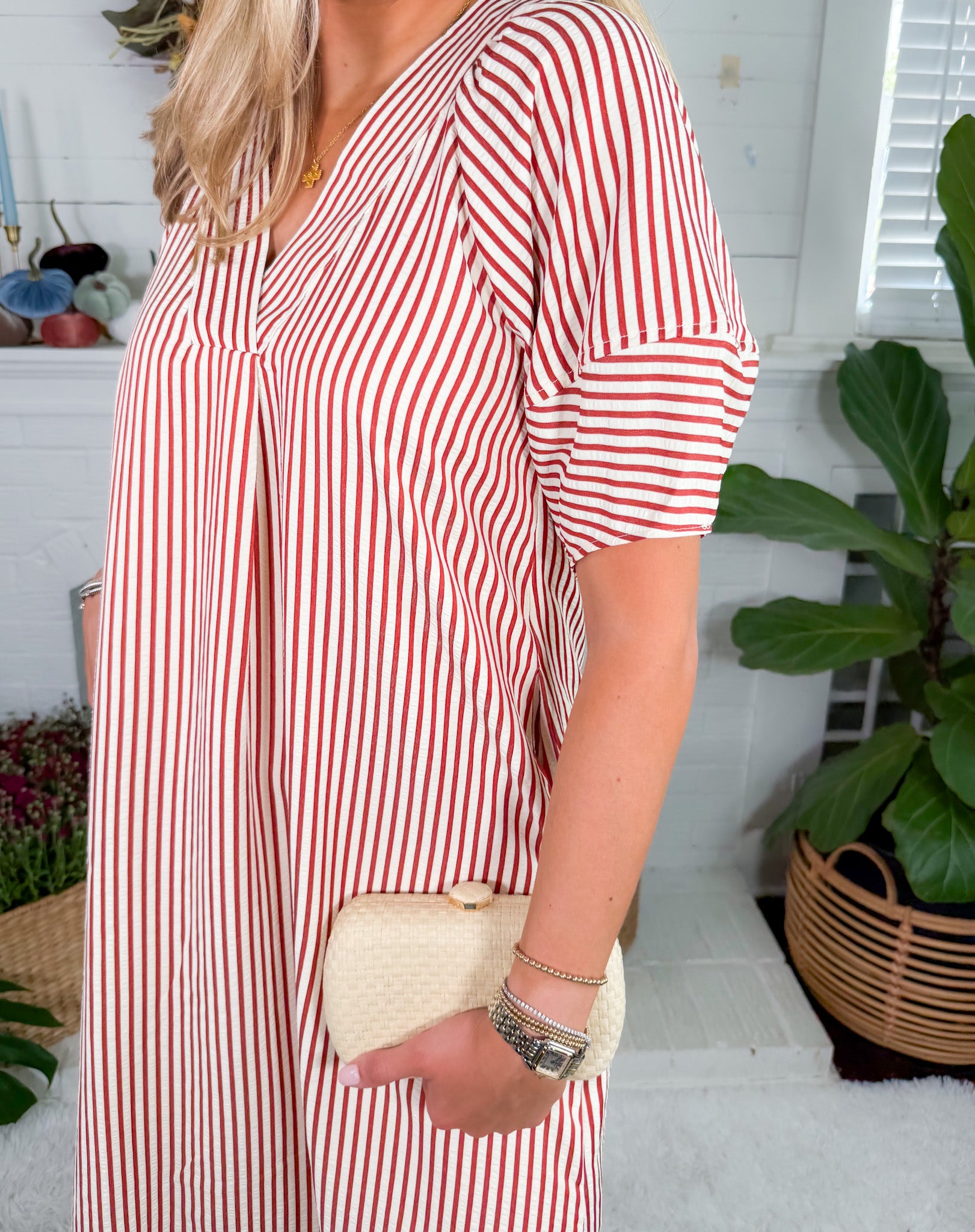 Carson Rust Striped V-Neck Maxi Dress Entro