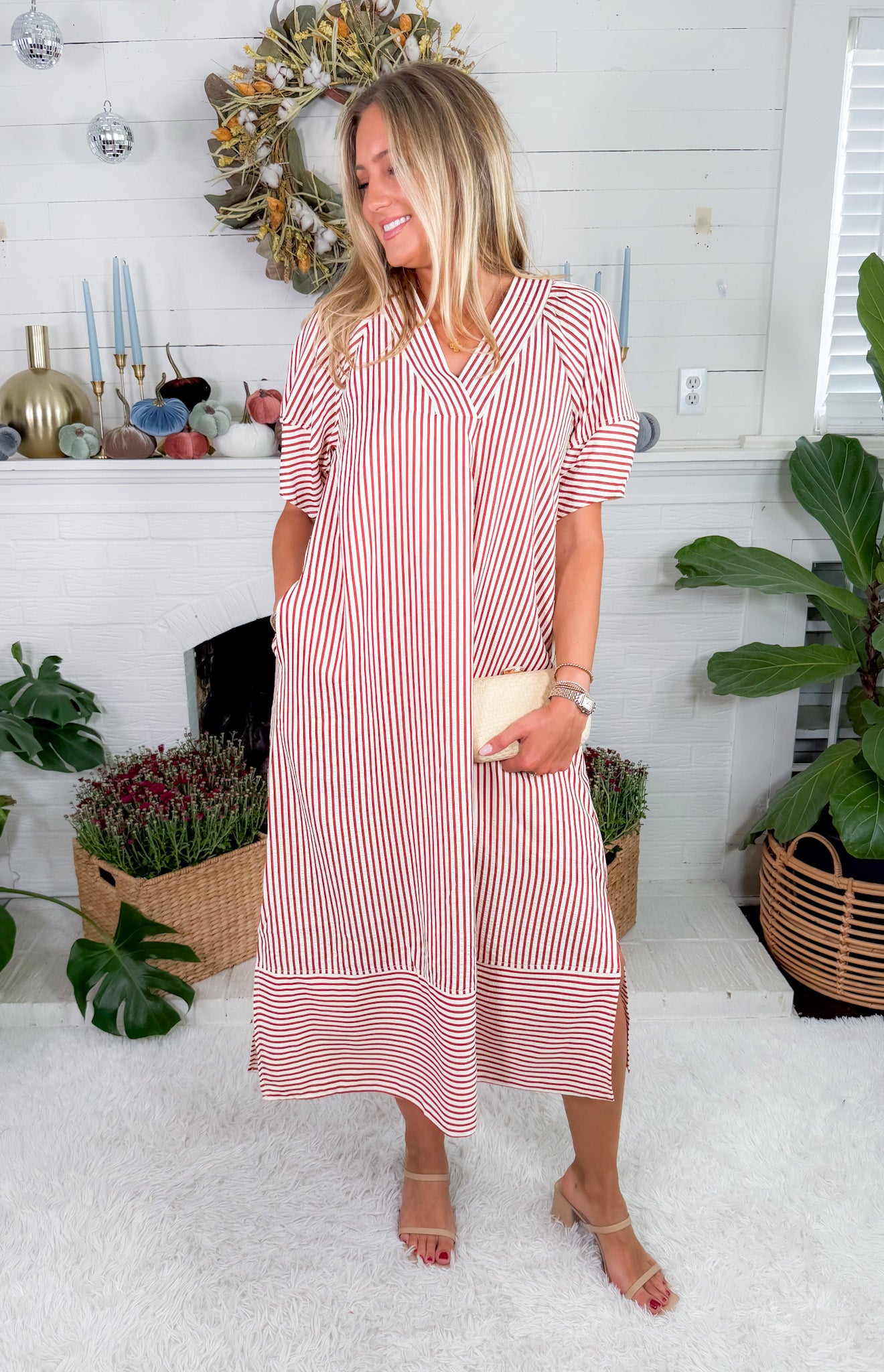 Carson Rust Striped V-Neck Maxi Dress Entro