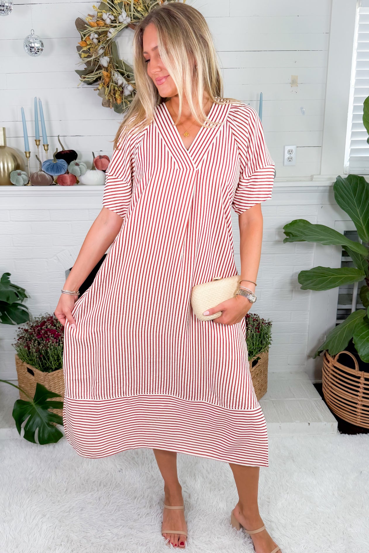 Carson Rust Striped V-Neck Maxi Dress Entro