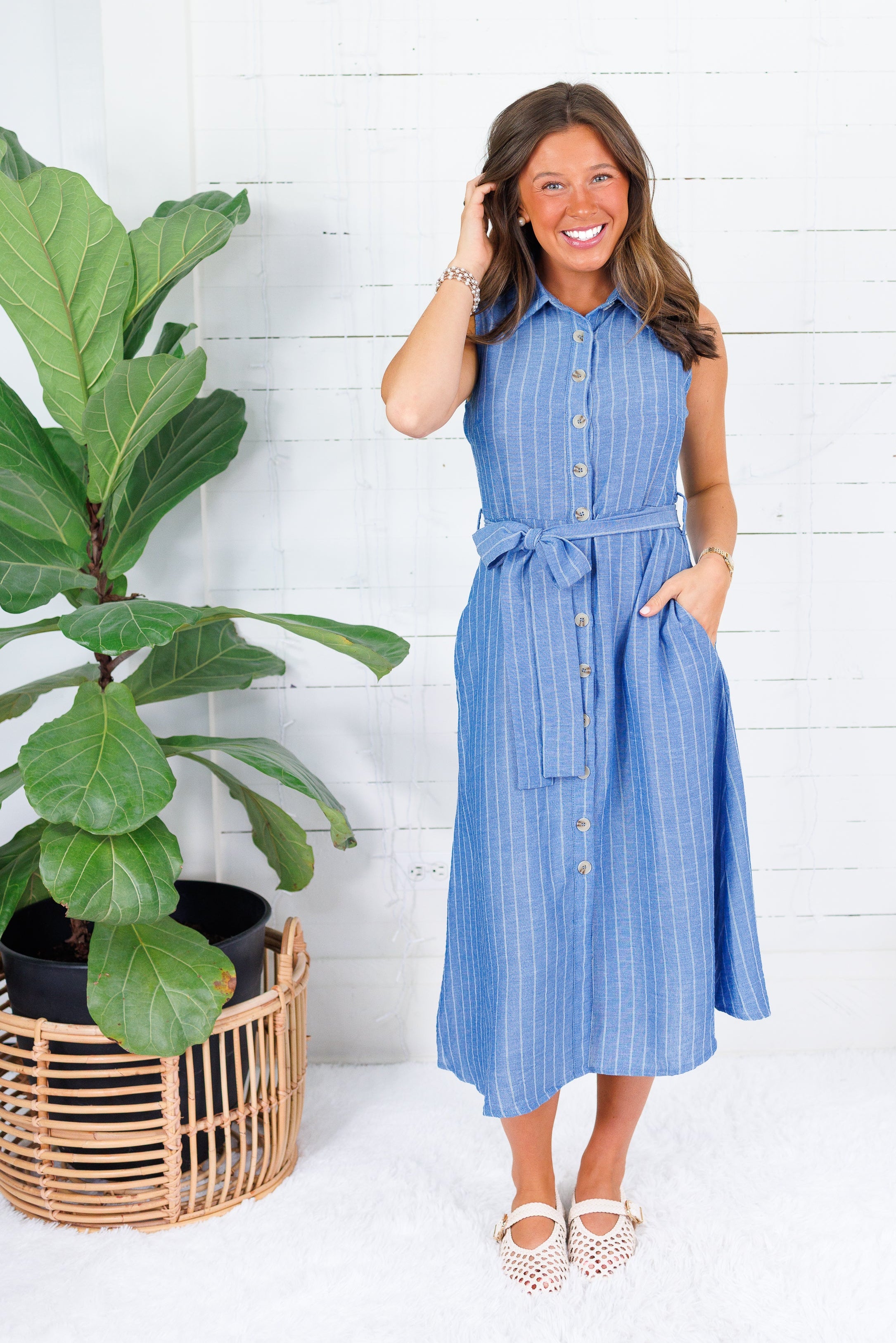 Carter Blue Pinstripe Midi Shirt Dress Allie Rose