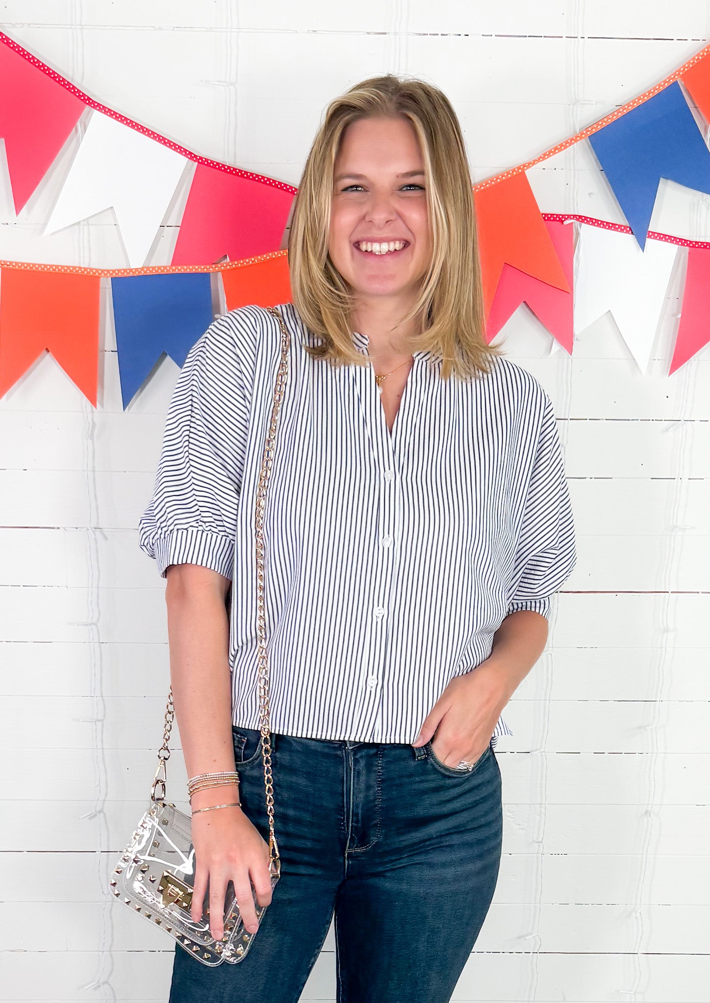 Carter Navy Pinstripe Top