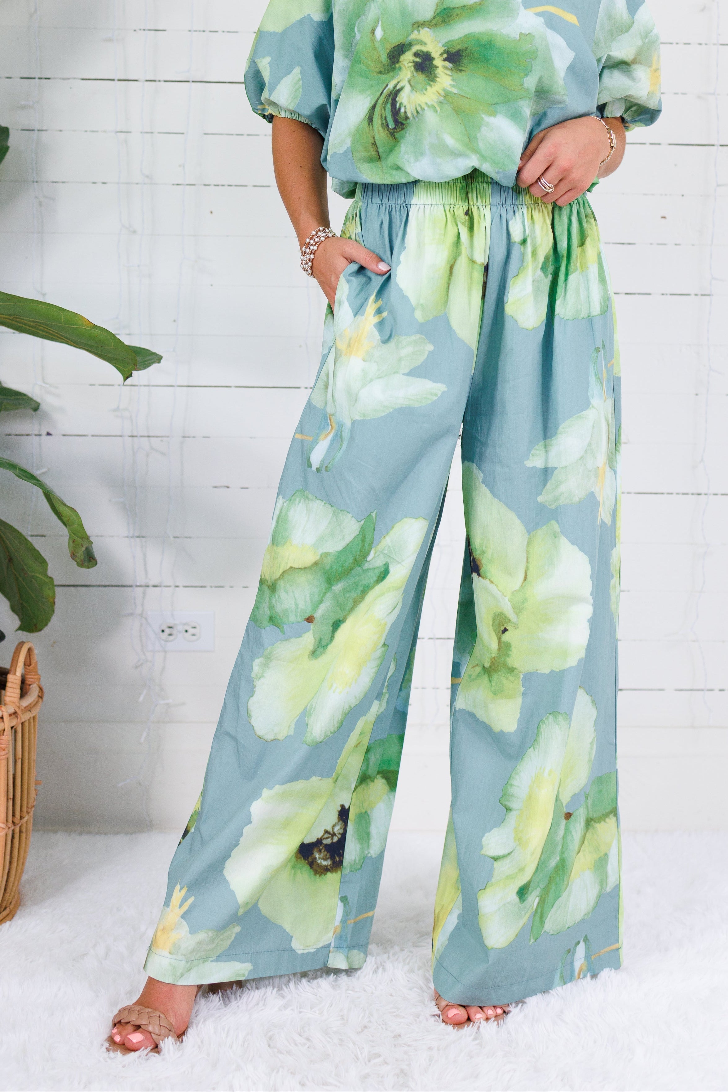 Cascade Sage Floral Wide Leg Pants Glam