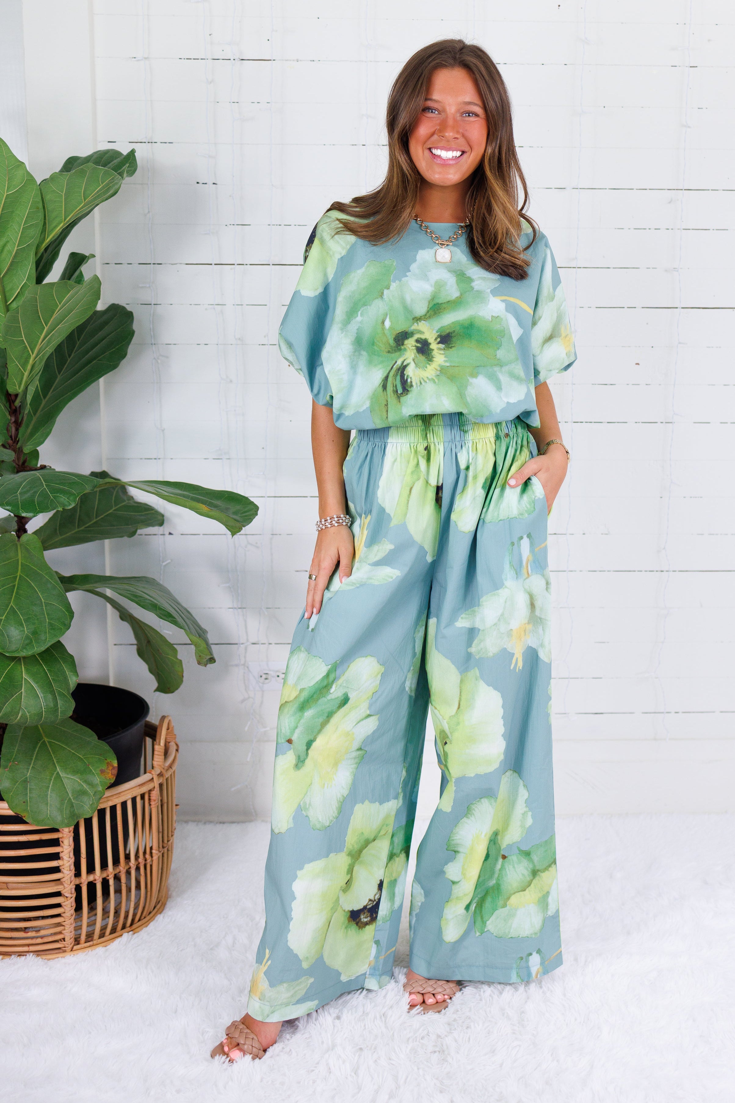 Cascade Sage Floral Wide Leg Pants Glam