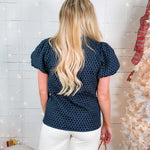 Cathleen Navy + Velveteen Trim Textured Top Gigio