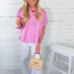 CeCe Orchid Scuba Split Neck Top Entro