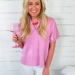 CeCe Orchid Scuba Split Neck Top Entro