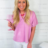 CeCe Orchid Scuba Split Neck Top Entro