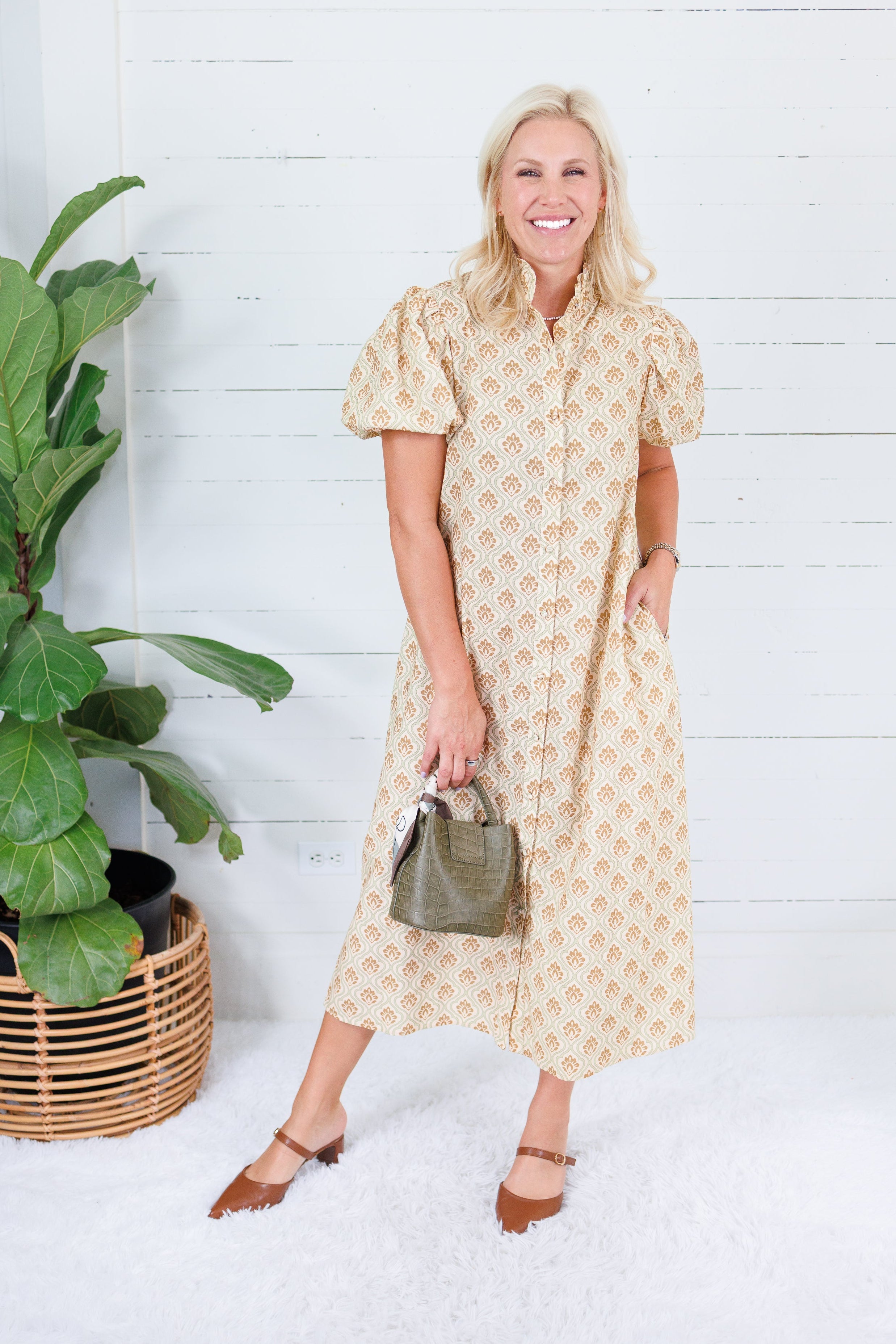 Celeste Sage + Olive Button Midi Dress Gigio