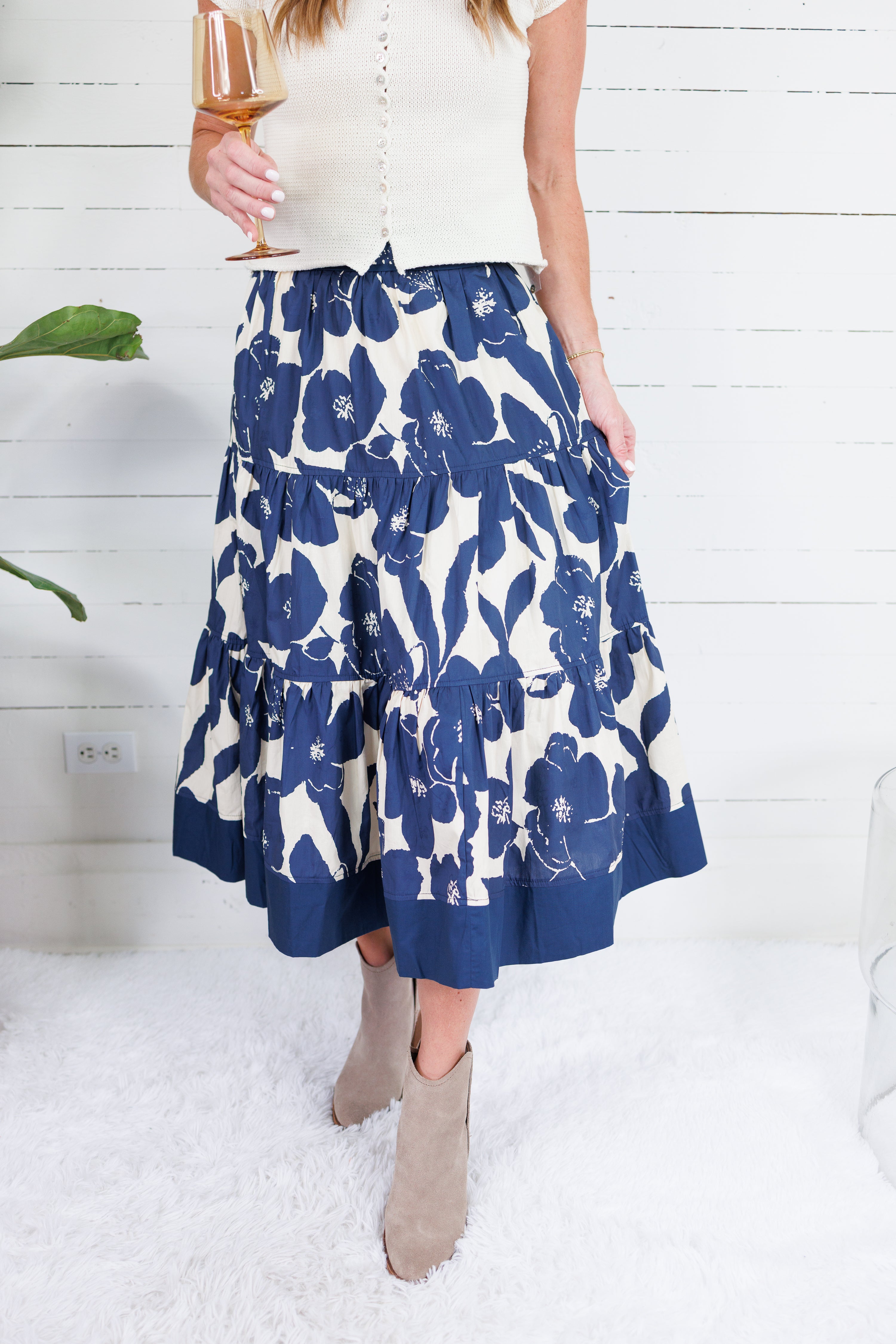 Chandler Navy + Cream Floral Tiered Maxi Skirt Pinch