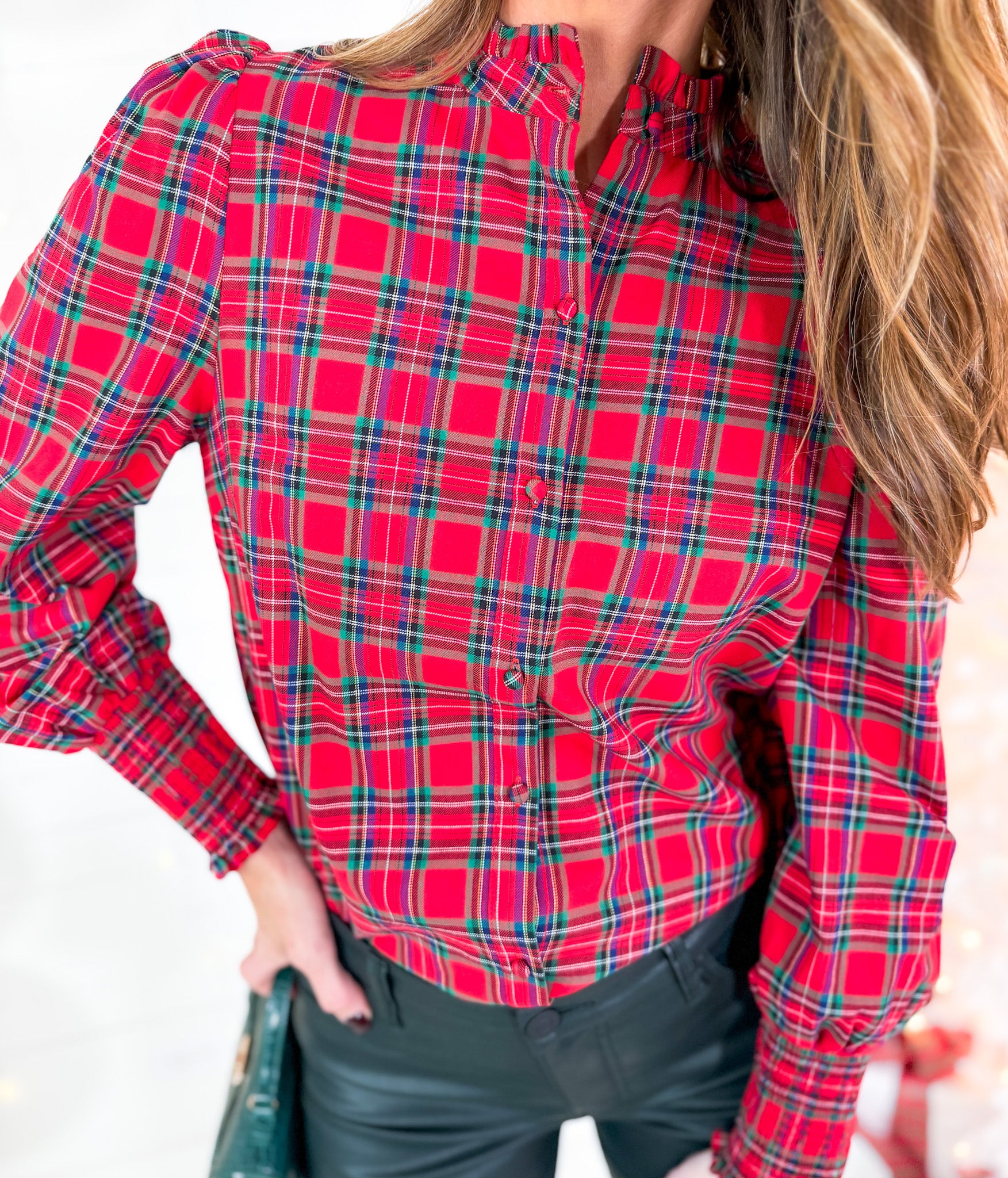 Chapman Red Plaid Split Neck Top