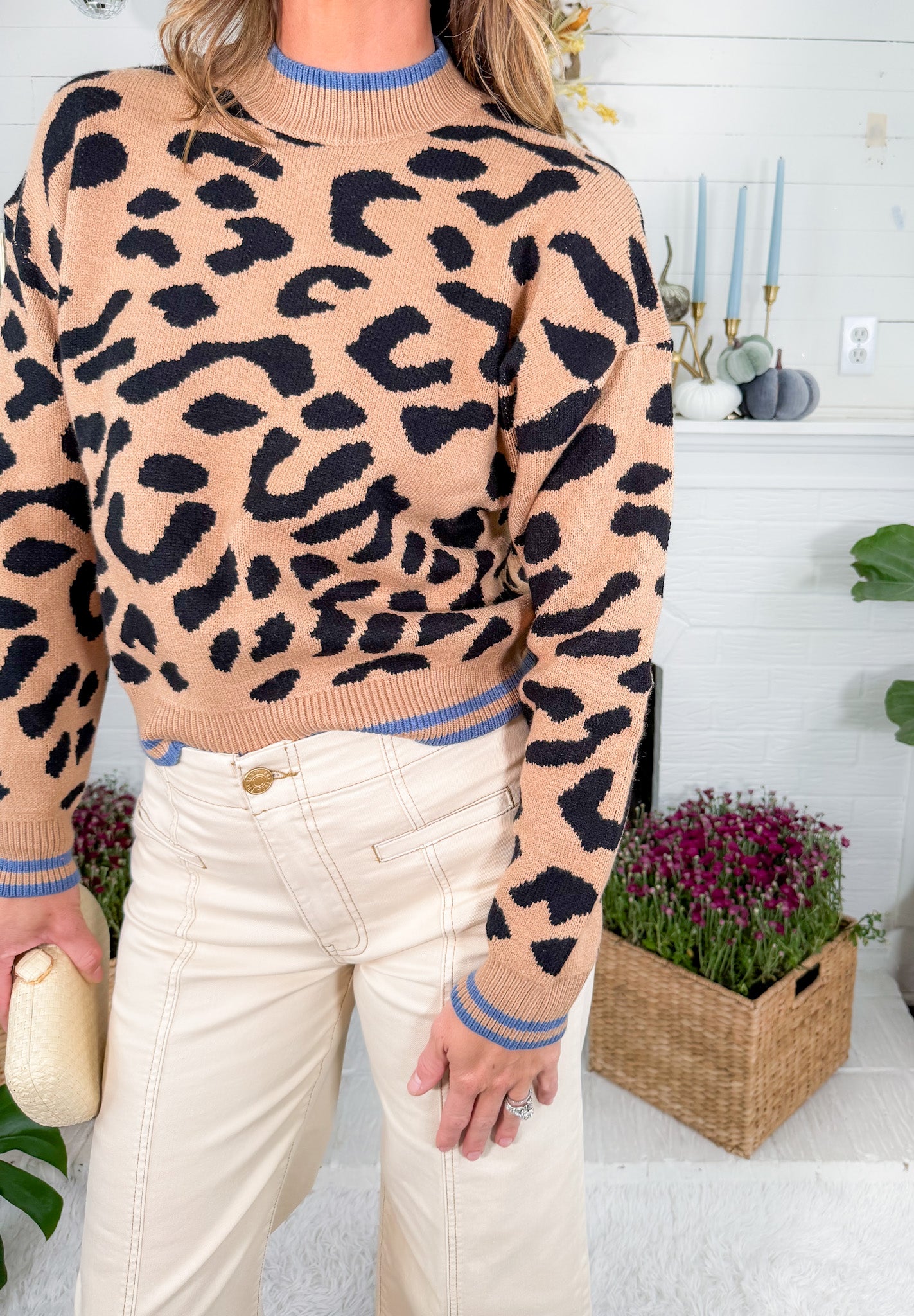 Charlie Cheetah Blue Trim Sweater THML 