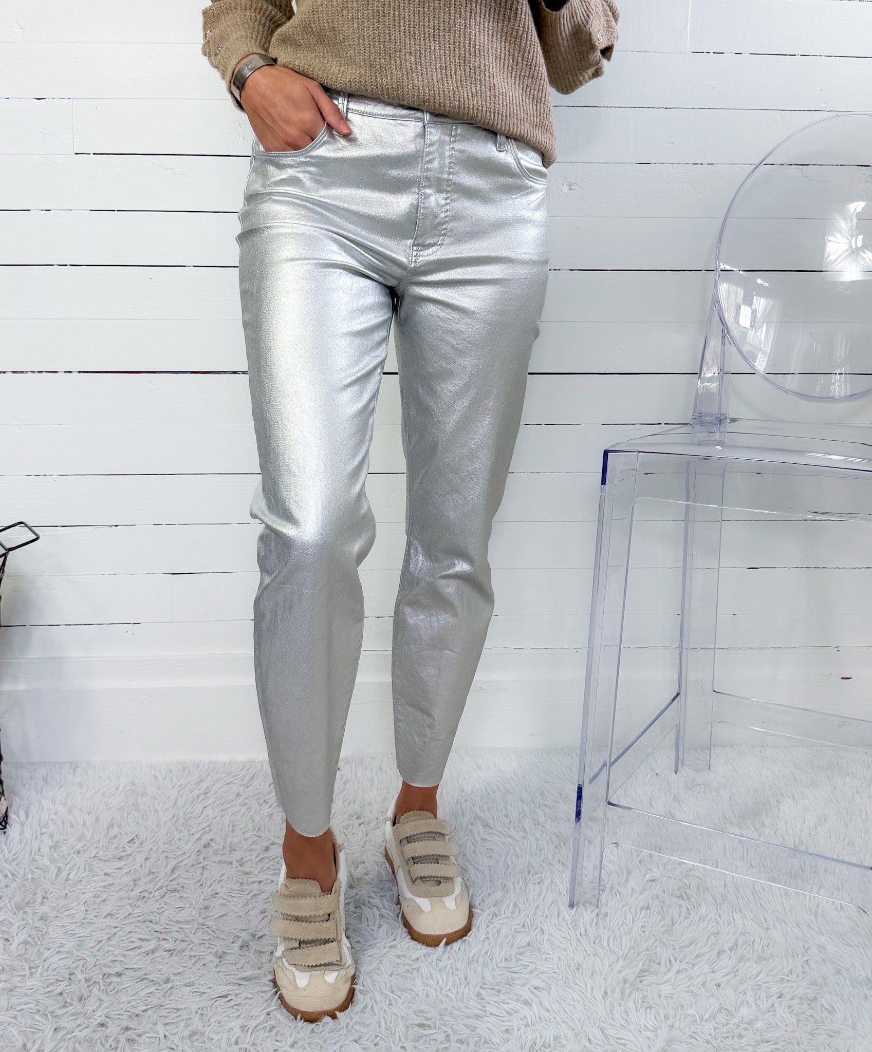 Charlize Silver High Rise Cigarette Raw Hem Jean KUT