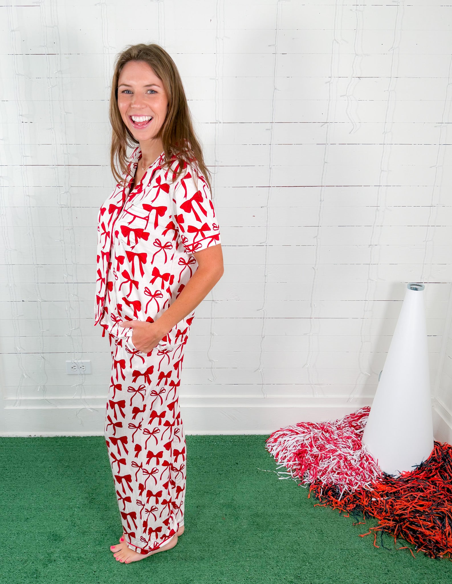 Charlotte Crimson + White Bows Pajama Set Mary Square