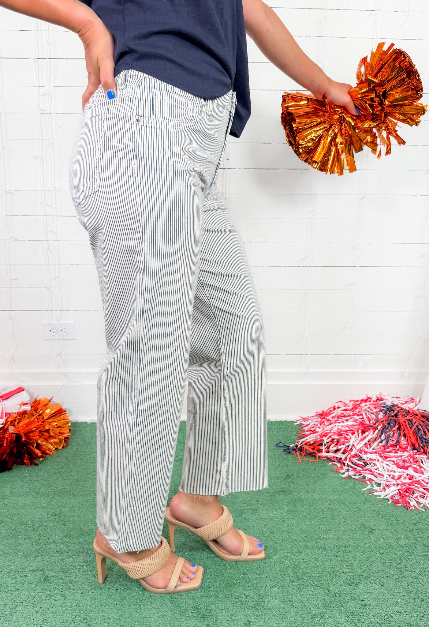 Charlotte Navy Stripe High Rise Raw Hem Jean KUT