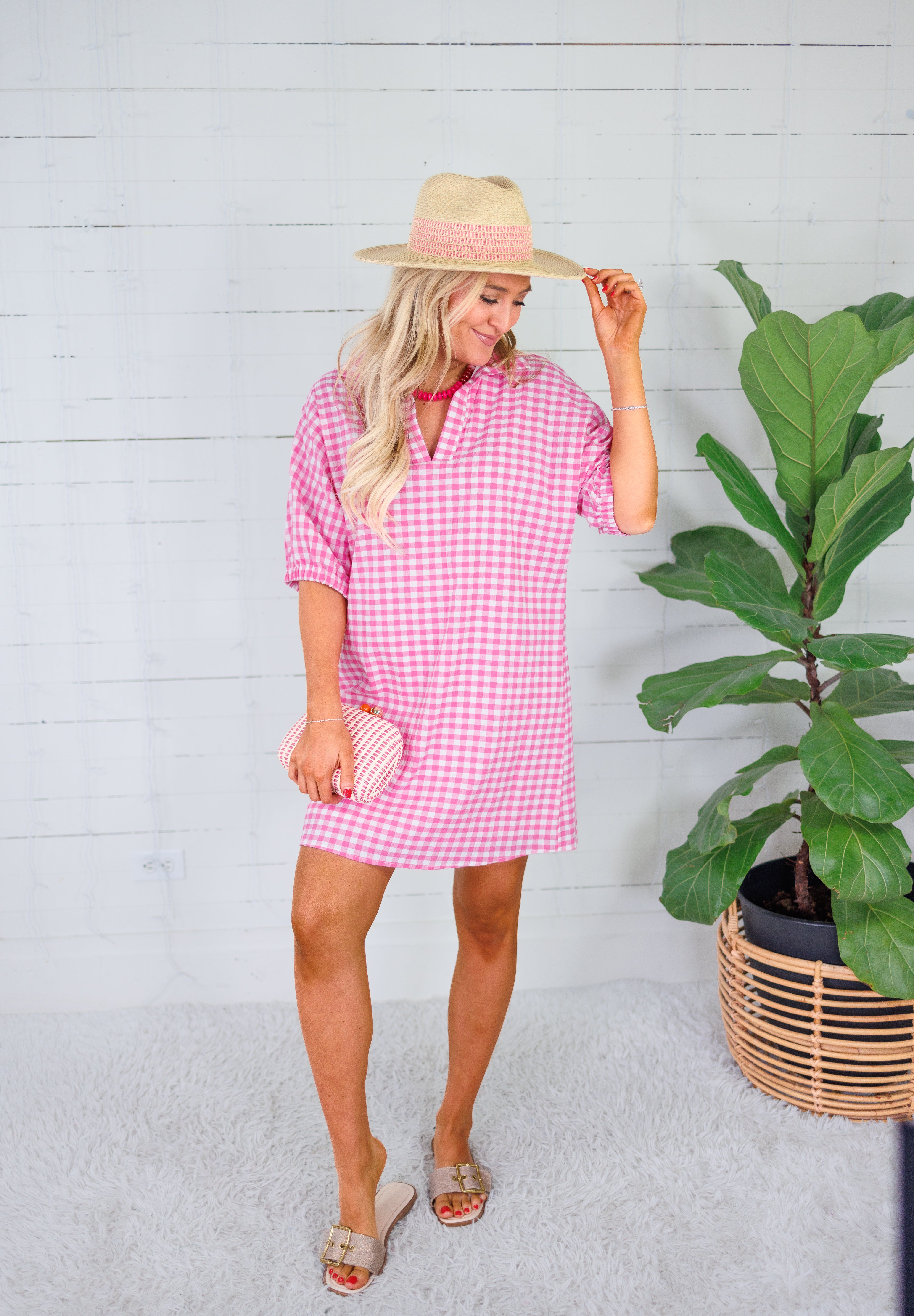 Charlotte Pink Seersucker Gingham Mini Dress Adrienne 